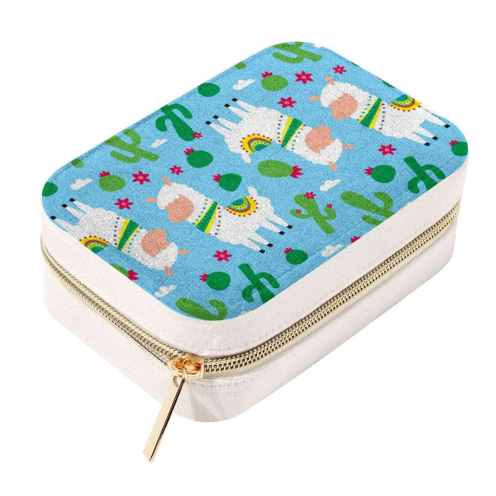 Boîte à bijoux de voyage en velours vert avec motif lama et cactus