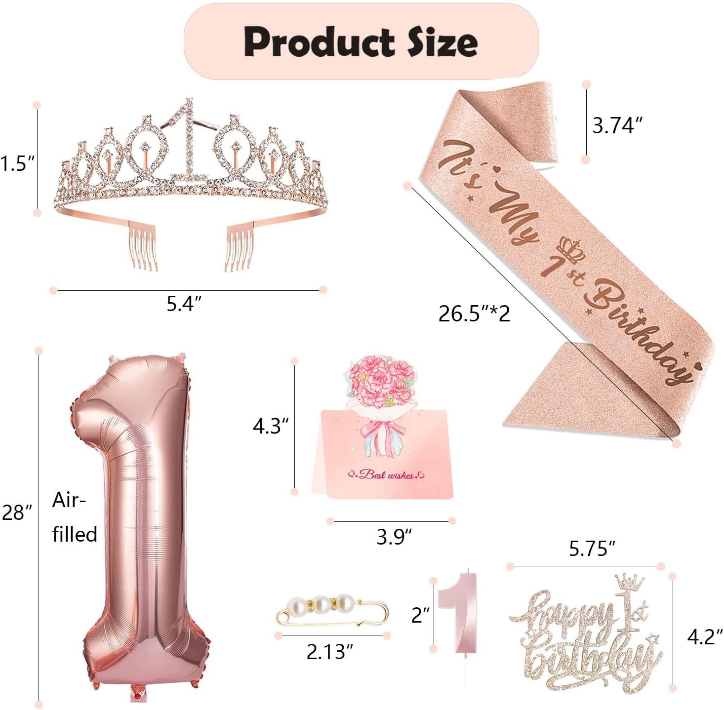 Awfrky 1st Birthday Decorations for Baby Girls, Including 1 year old Birthday Cake Topper, Queen Sash with Pearl Pin, Sweet Rhinestone Tiara Crown, Number Candles and Balloons