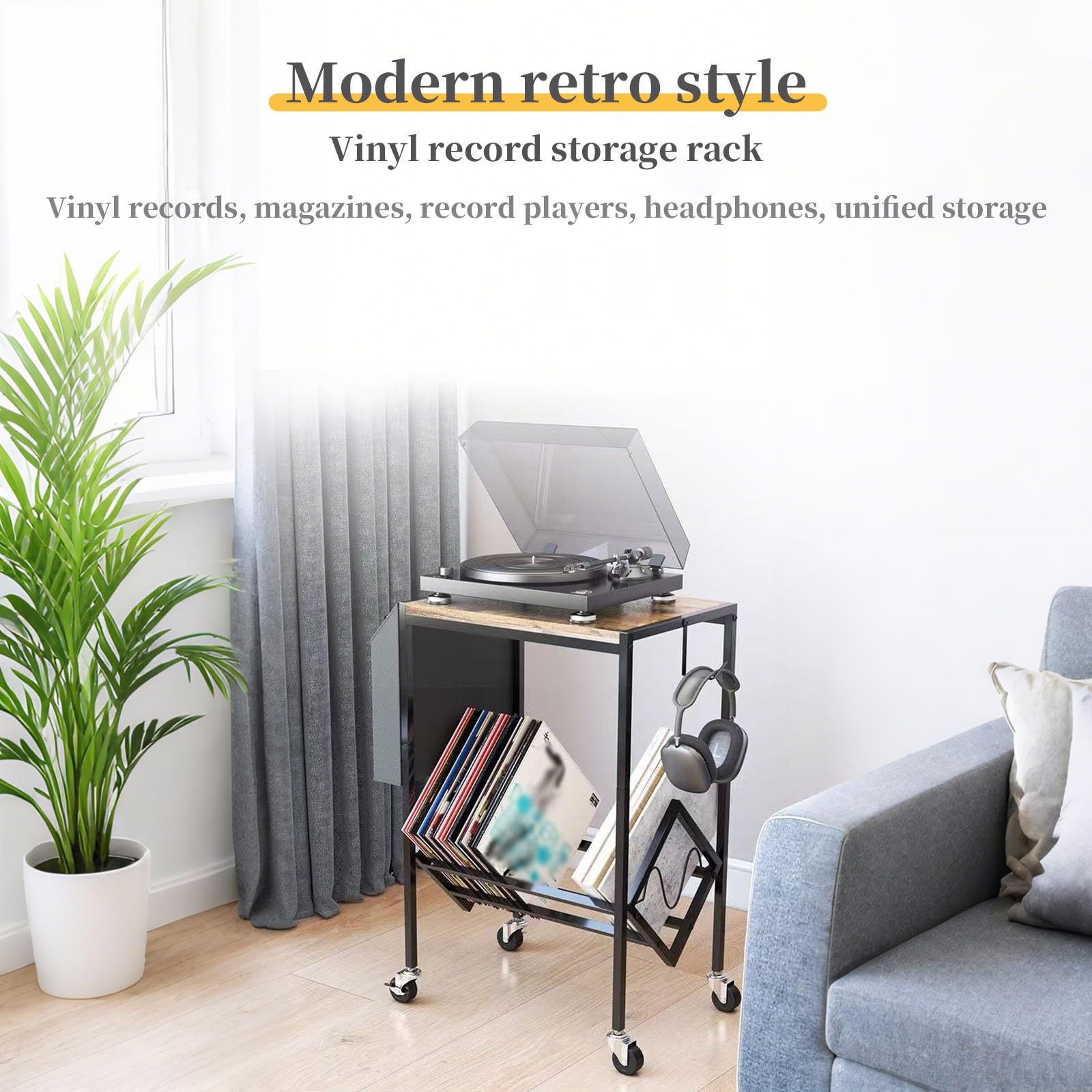 Stojak na płyty winylowe z kółkami, 2-poziomowy stojak mieści do 200 LP, regulowane przegrody, torba do przechowywania, metalowa rama retro, na gramofon, wielofunkcyjny regał na książki