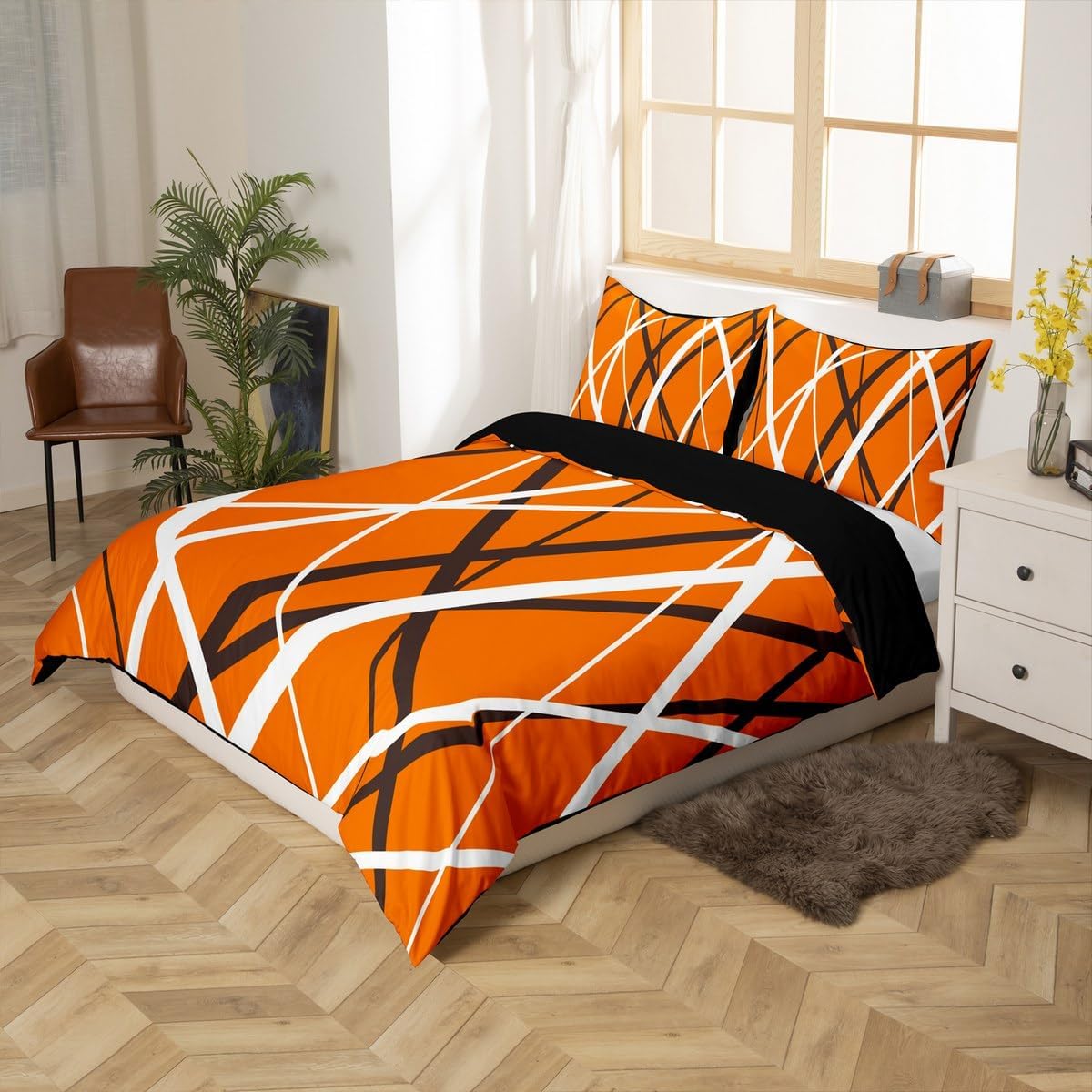 jejeloiu Kids Bedding Set Toddler Size, Dark Orange Duvet Cover Boys Girls Geometric Comforter Cover Stripes Teens Bedroom Decor with 1 Pillow Case (No Comforter)