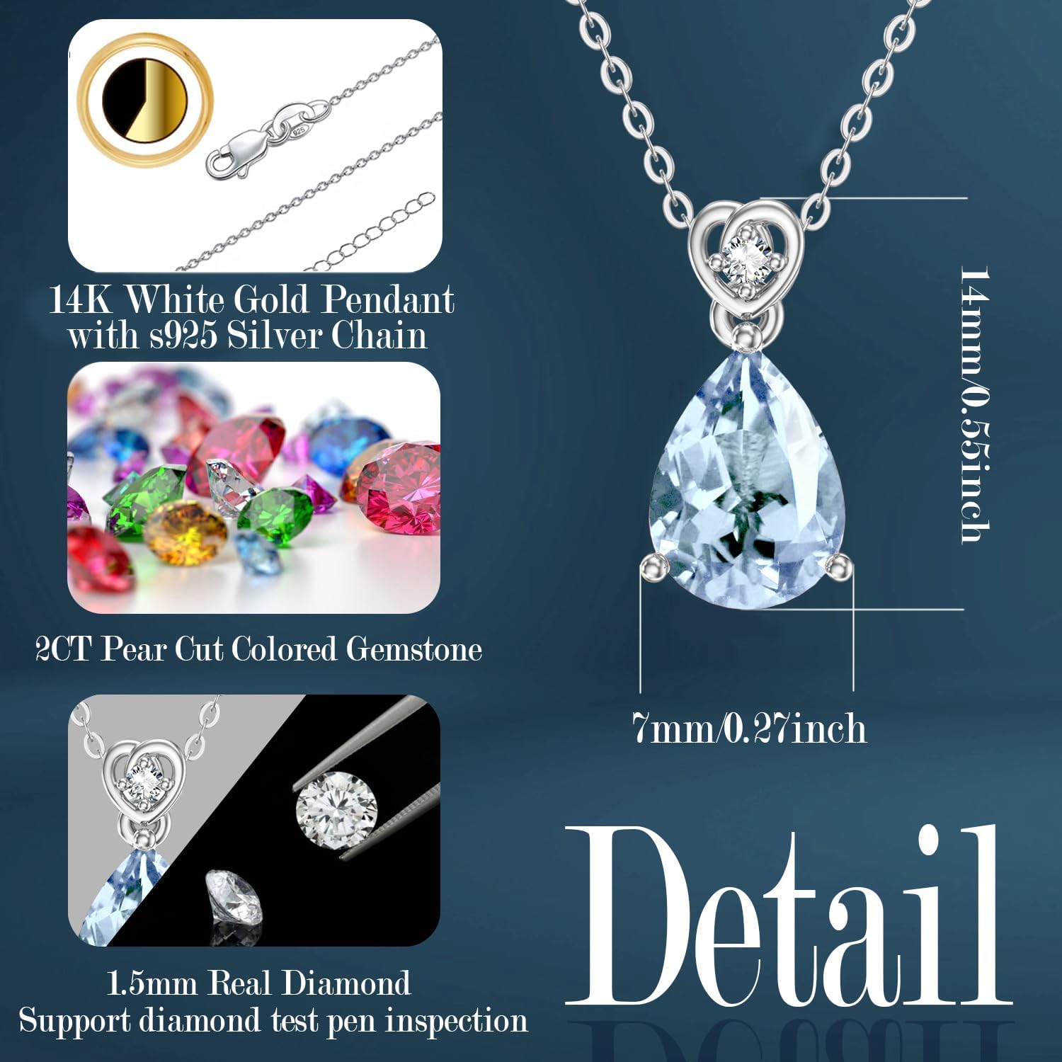 14k Gold Pear Gemstone Birthstone Necklace with Real Diamond(I2-I3 Clarity),2 Carat Teardrop Created Birthstone Anniversary Birthday Mother's Day Necklaces for Women Mom Her - Image 4