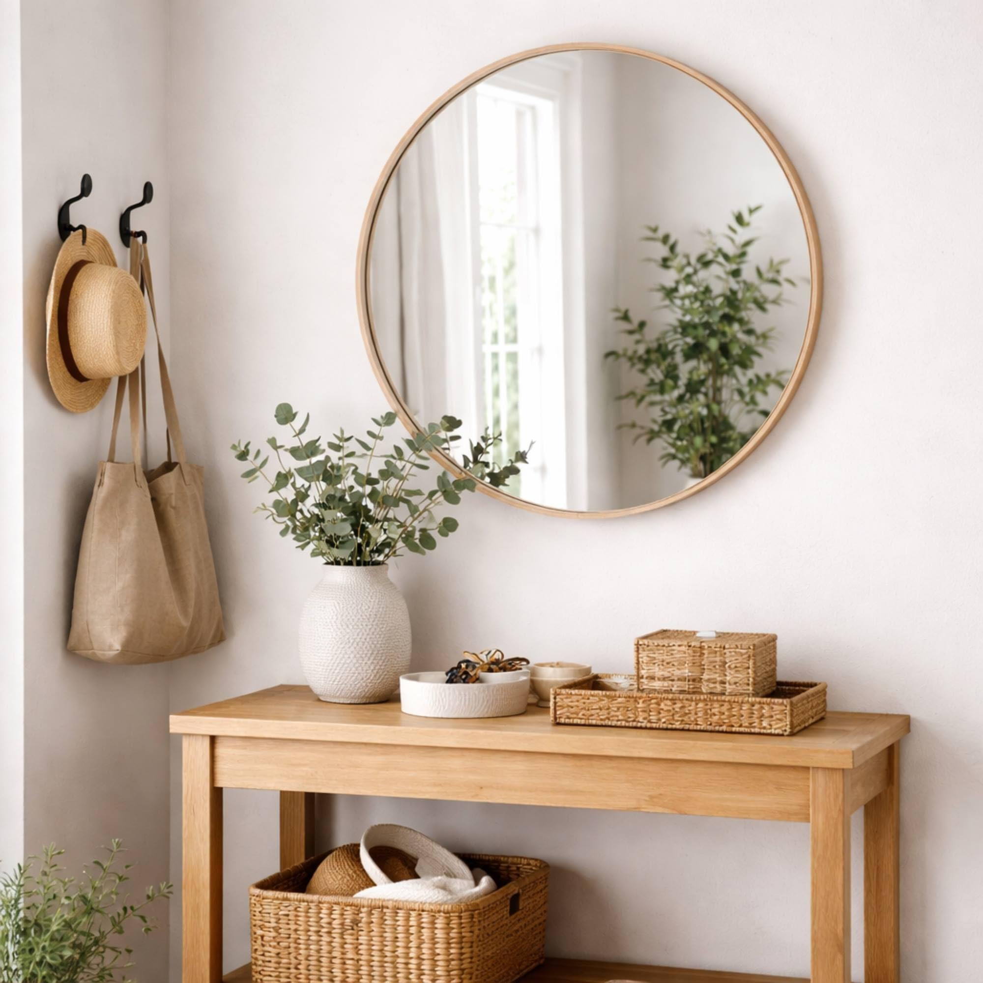 Well Home Espejo Redondo Ø60cm Marco de Madera Clara, con Gancho Trasero, Ideal para recibidor o baño