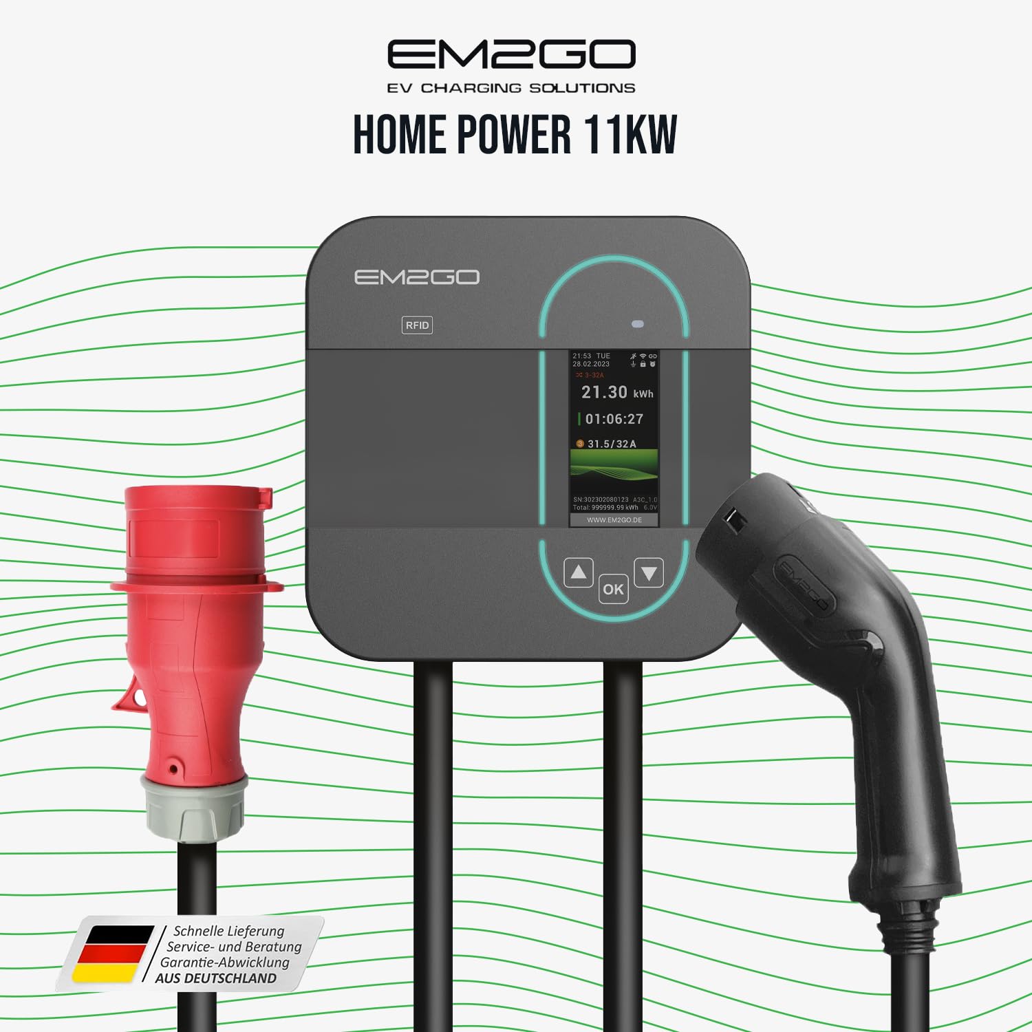 EM2GO Wallbox 11kW Home Power, E-Auto Ladestation mit 16A CEE Adapter, 6.5m E-Auto Ladekabel Wallbox mit App, Typ 2 Stecker Ladekabel Halterung