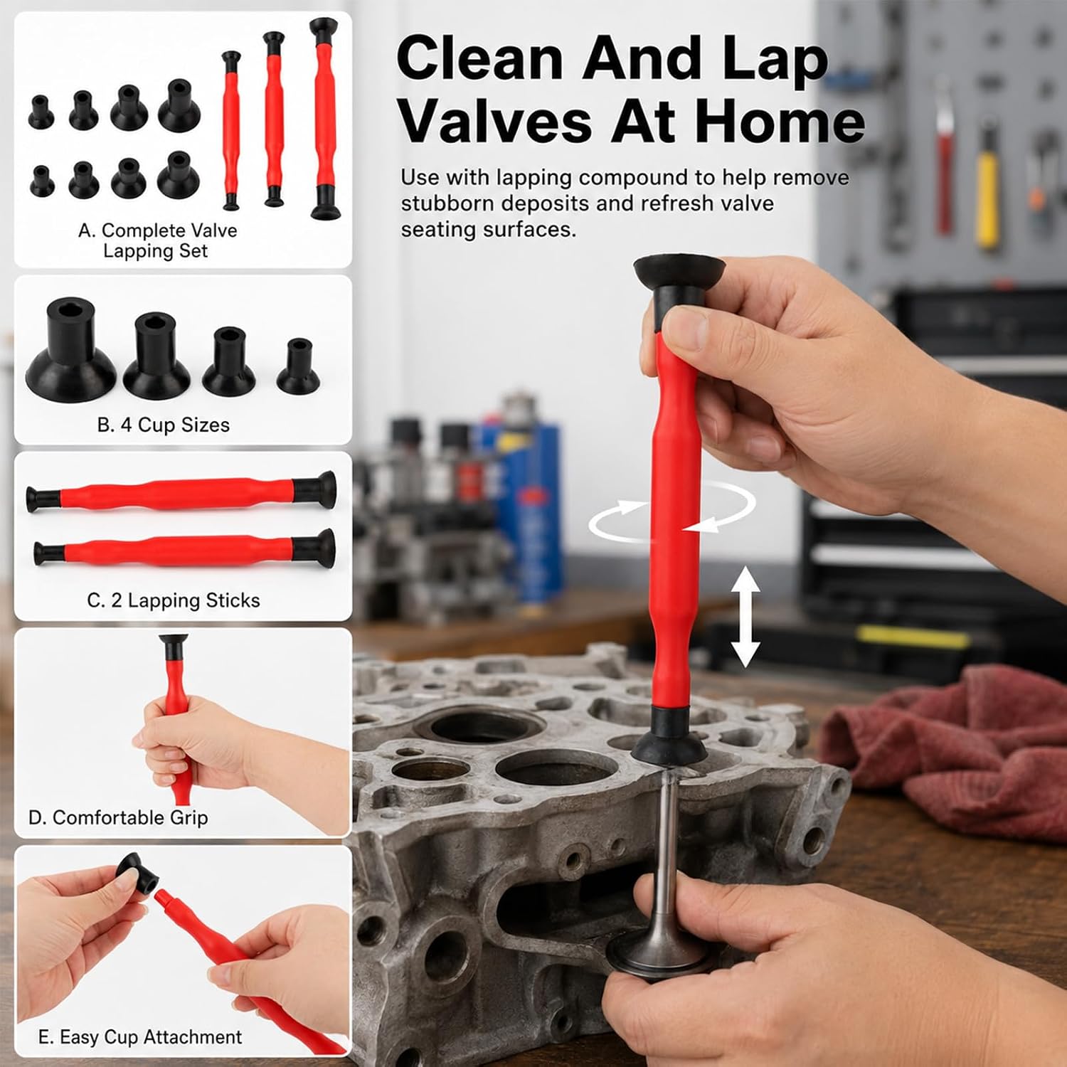 2PCS Valve Lapping Tool Kit with 8 Replacement Suction Cups, Small Engine Valve Grinding Hand Lapping Sticks Set for Automotive, Motorcycle, Lawnmower Engine Repair Maintenance