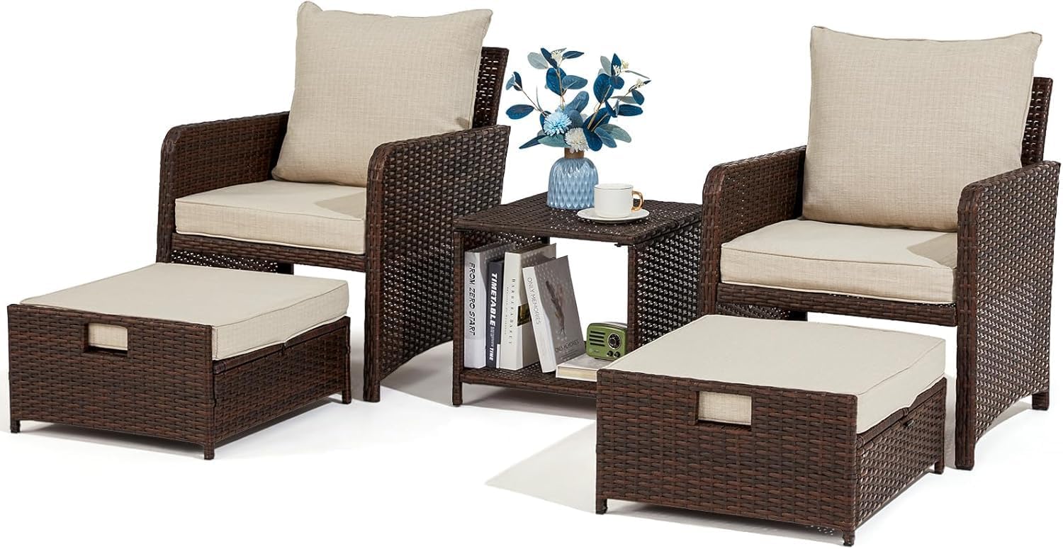 Wicker Patio Furniture Set, Balcony Furniture with Ottoman & Side Table for Lawn Pool Garden (Navy Blue&Grey Rattan)