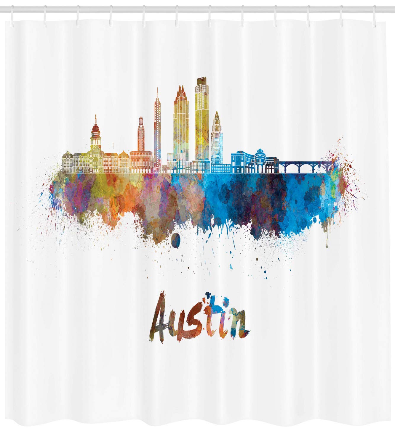 Ambesonne Austin Shower Curtain, Typographic Design with Paint Splatters Illustrated in an Composition, Cloth Fabric Bathroom Decor Set with Hooks, 69