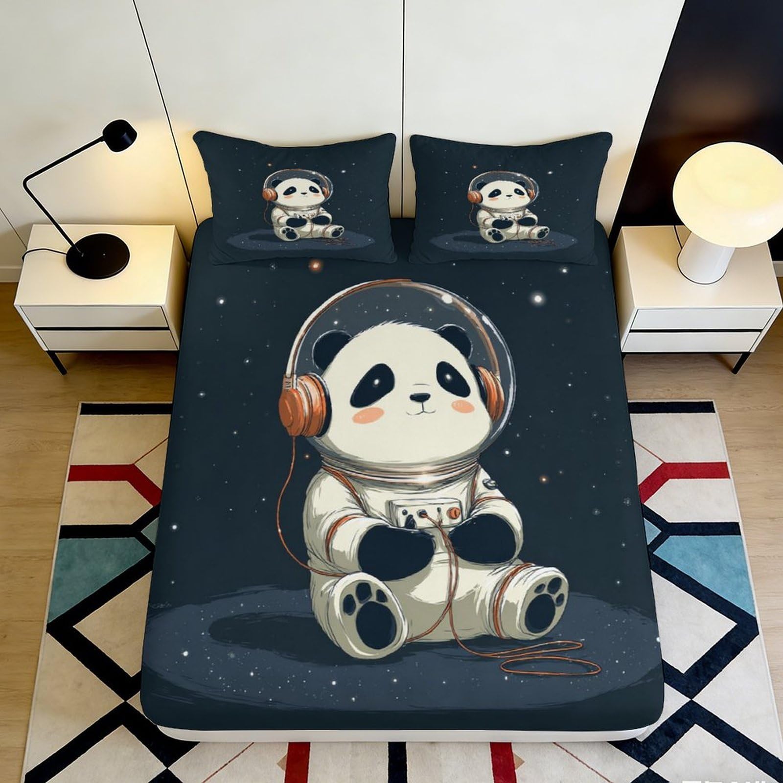 Dhbaneiok Style-3 3D Printed Panda Headphones Fitted Sheet Microfiber Soft Bed Cover For Bedroom Dorm Mattress Protection Decor 90X200x25cm