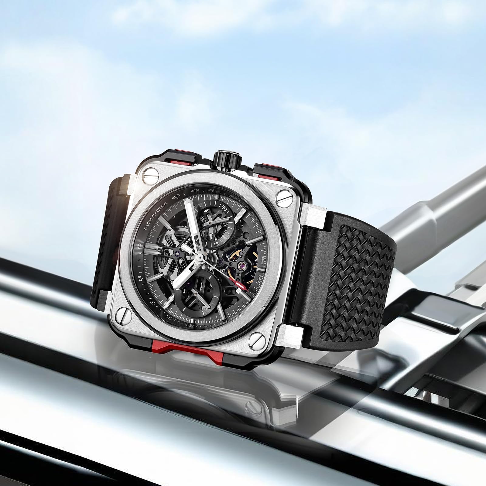 FEICE FM507 Orologio da polso automatico da uomo con scheletro automatico e calendario meccanico, orologio da polso quadrato sportivo, orologio luminoso impermeabile 10 ATM, sport