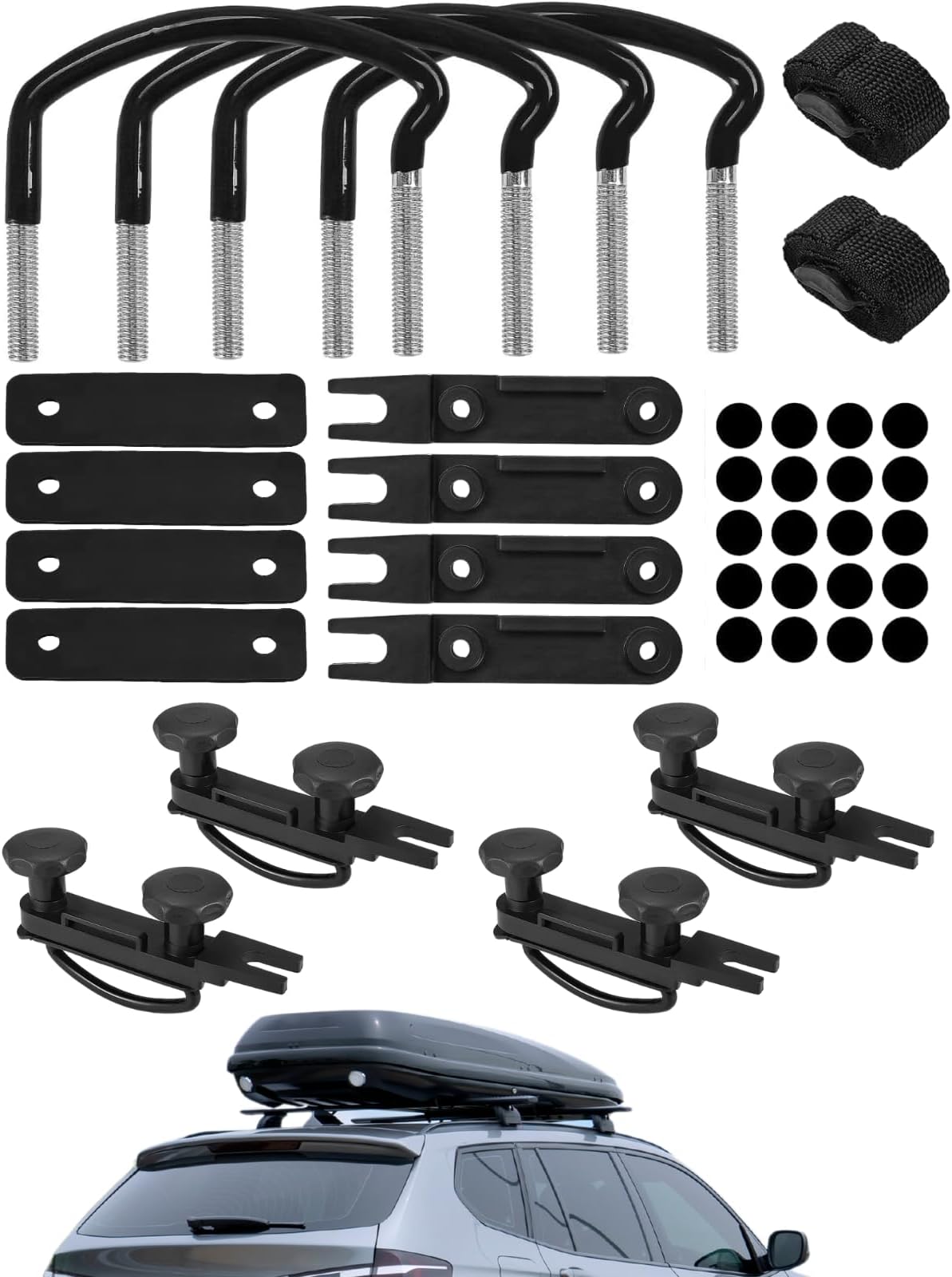 4Pack Roof Box U-Bolt Clamps, Glazeal Roof Box Rack Clamps Car Van Mounting Fitting Kit 3.2"/82mm Inside Width with 8 Lock Nuts 2 Straps for Cargo Carrier Rack