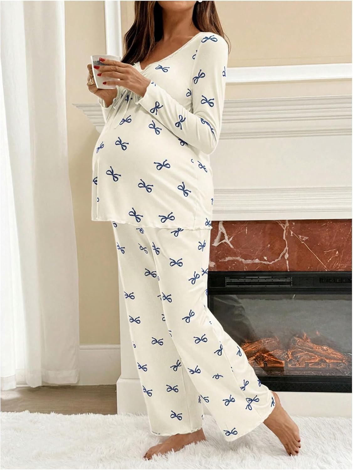 WDIRARA Women's 2 Piece Maternity Lounge Sets Bow Print Long Sleeve Sleepwear Pants Pajama Sets