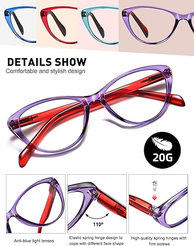 Miniatura 5 de Lentes de lectura de ojo de gato para mujer, bloqueo de luz azul, lectores para mujer de 2.75 pulgadas con bisagras de resorte cómodas, anteojos de