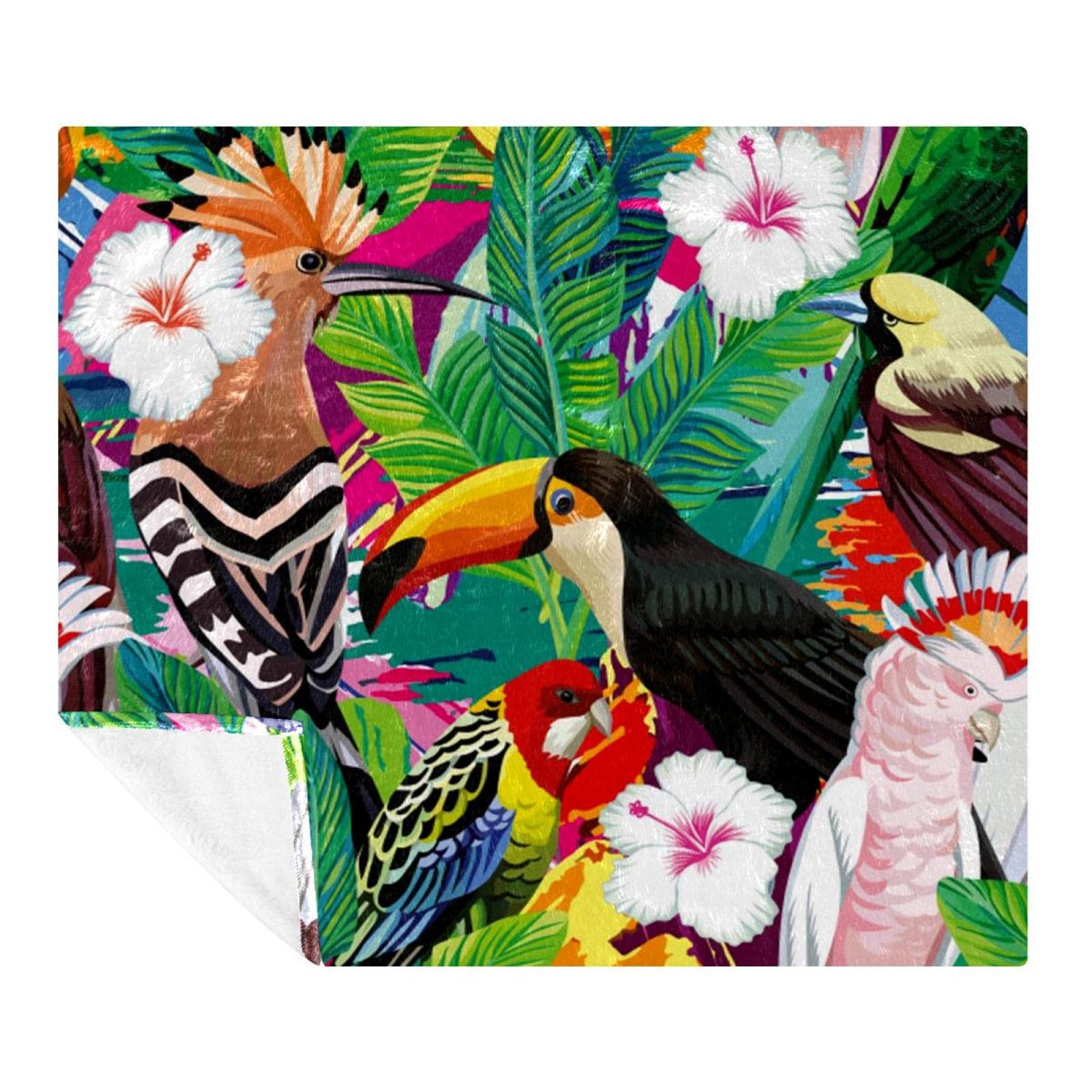 Couverture polaire perroquet et hibiscus 150x130 cm pour lit et canapé