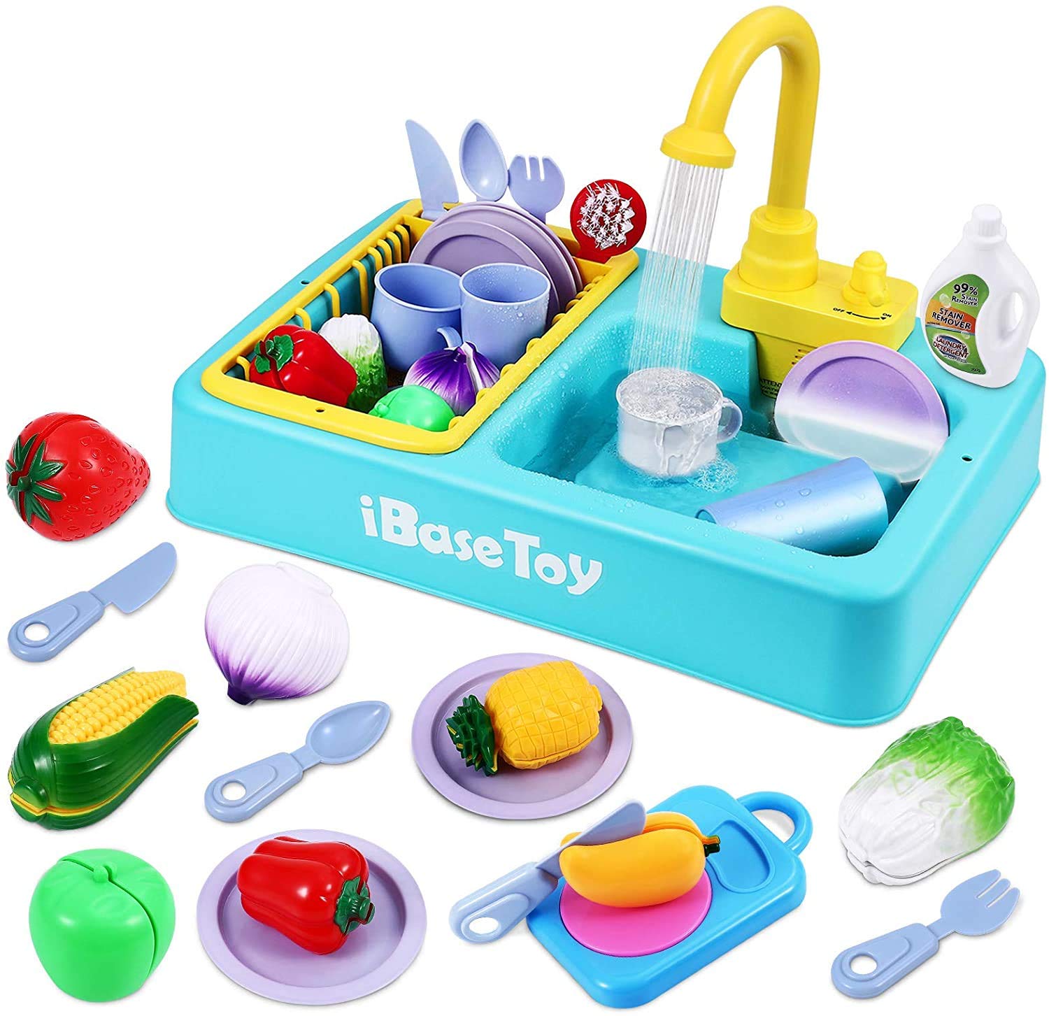 Kitchen Sink Toys - Upgraded Color Changing Kids Sink with Running Water - 31PCS Toddler Electric Dishwasher with Cutting Food Automatic Water Cycle - Pretend Play Kitchen Toy Sink for Girls Boys Gift