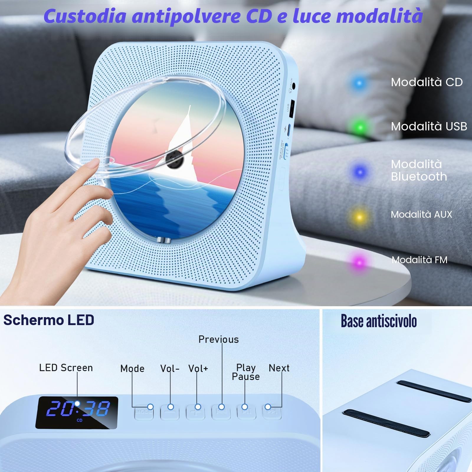 Lettore CD Portatile Casa, CD Player Bluetooth Casse Integrate con Timer