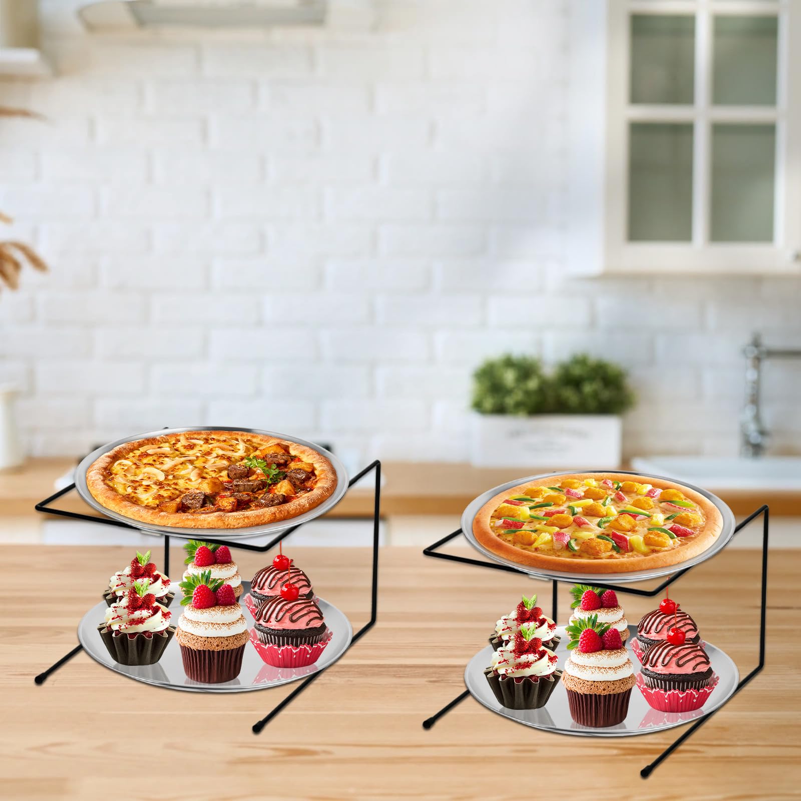 12 Teiliges Pizza-Pfannenständer Pizzablech Set beinhaltet 4 Metall Pizzaständer und 4 Pizzablech (30 cm) Edelstahl-Kuchenservierer für Geburtstage, Partys, Feiertage, Bankette