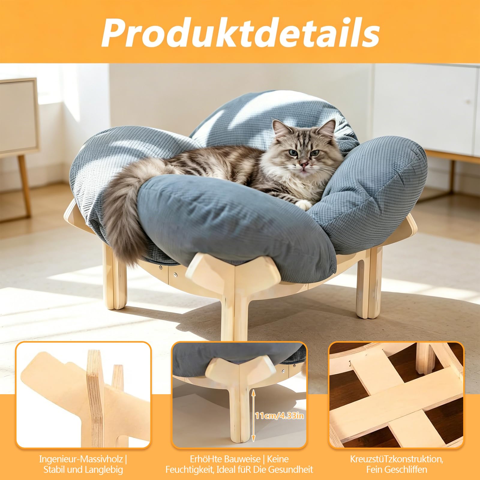W&H Erhöhtes Katzenbett in Blumenform, 55 cm Großes Katzenkorb mit Kissen und Holzrahmen, Weiche Katzenkissen für Alle Katzen und Kleine Hunde, Grau