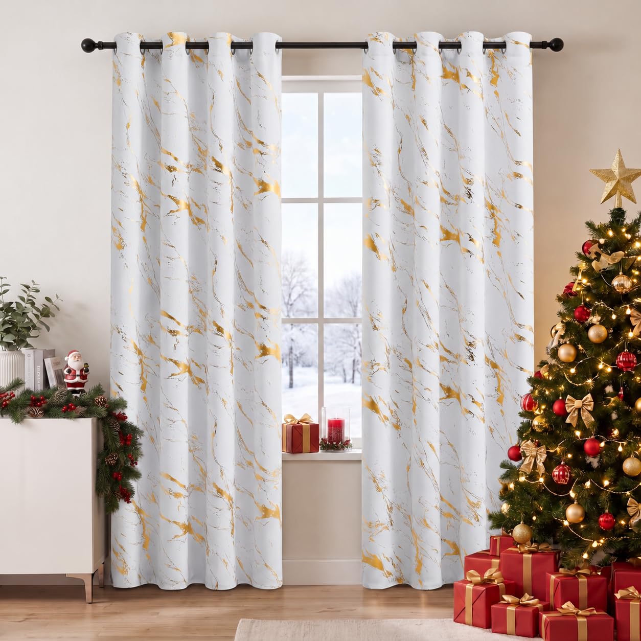 Weiße Verdunkelungsvorhänge, Gold-Marmor, H160cm, 85% Blickdichte | Cremeweiße Wohnzimmer Gardinen, 4-cm-Metallösen, beidseitig cremeweiß, ideal für Kinderzimmer, Schlafzimmer und Büro
