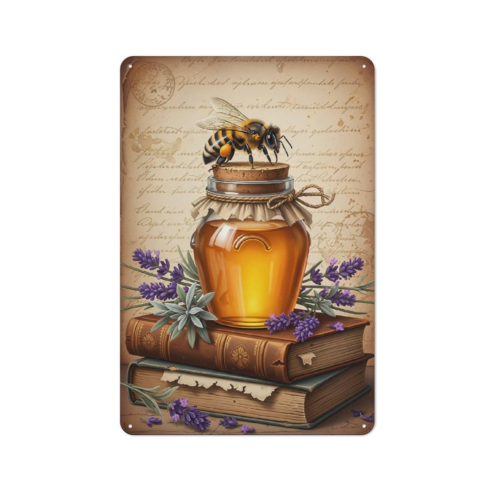 Junmoney Style Tin Wall Plaque 30X20cm With Honey Jar With Bee And Lavender For Kitchen Or Home Bar, For Vintage Wall Decor Fans, For Garage And Workshop Walls