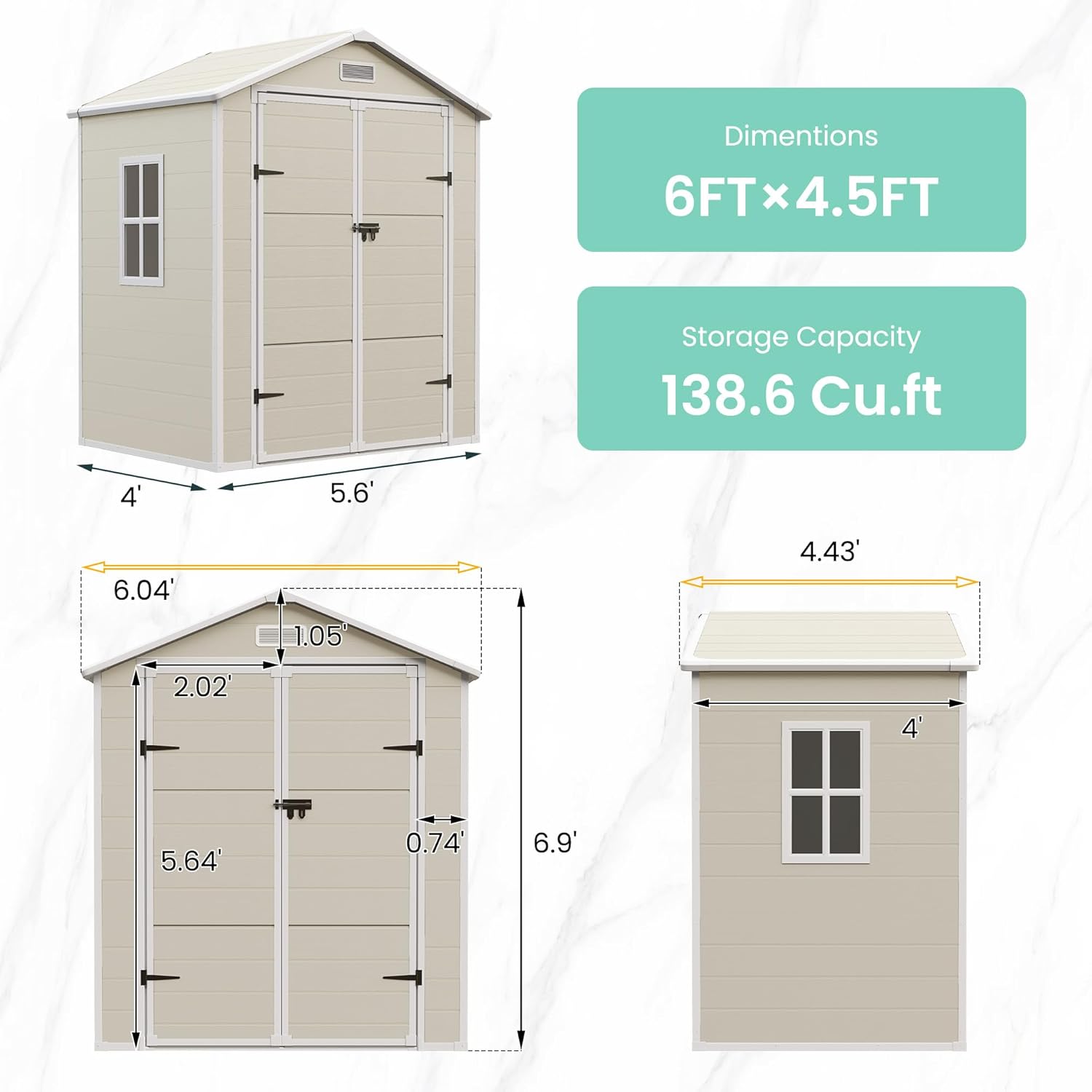 UDPATIO Outdoor Storage Shed 6x4.5 FT, Garden Resin Shed for Bike, Garbage Can, Tools, Outside Plastic Sheds with Floor for Backyard, Patio, Lawn, Sandstone