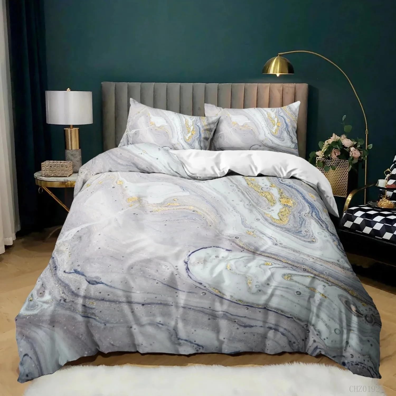 Housse de Couette Marbre Gris et Or Douceur Absolue pour des Nuits Voluptueuses en Couple