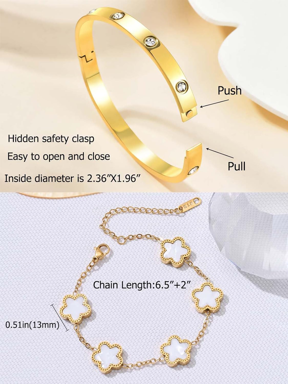 18K Gold Plated Clover Bracelet Love Bangle Set for Women Black and White Stack Bangle Clover Bracelet Fashion Simple Lucky Bracelets for Women Trendy Gifts - Image 6