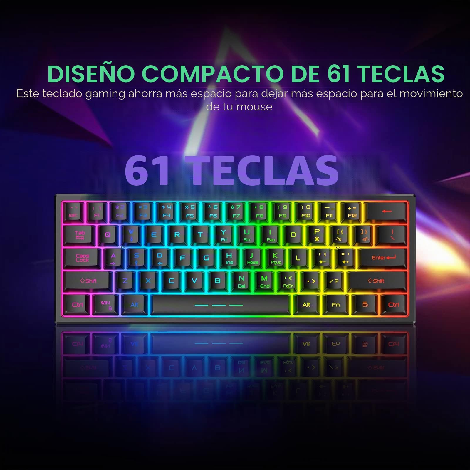 Conjunto de combo de teclado y ratón inalámbrico de 60% conjunto de 2,4 GHz 38000mAh 61 teclas compactas teclado con arco iris led retroiluminado + 2400dpi 6 botones arco iris LED Mouse (Negro)