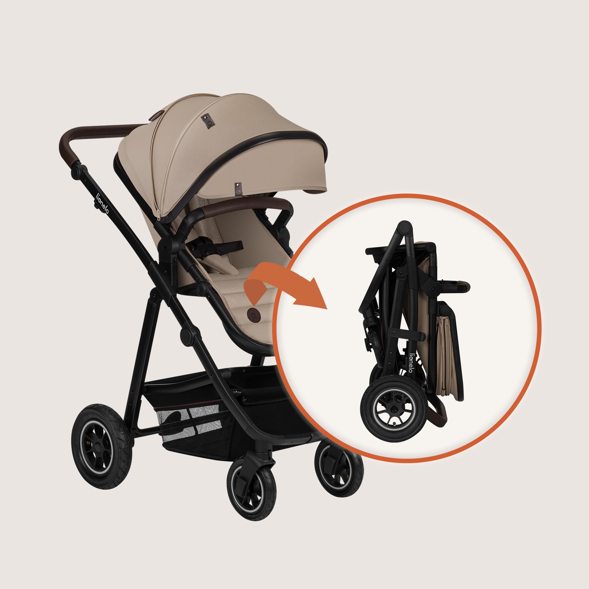 LIONELO Amber 3-in-1 Kombikinderwagen Babywanne Sportsitz i-Size Autositz 40-87 cm Luftreifen wendbar XXL-Dach UPF 50+