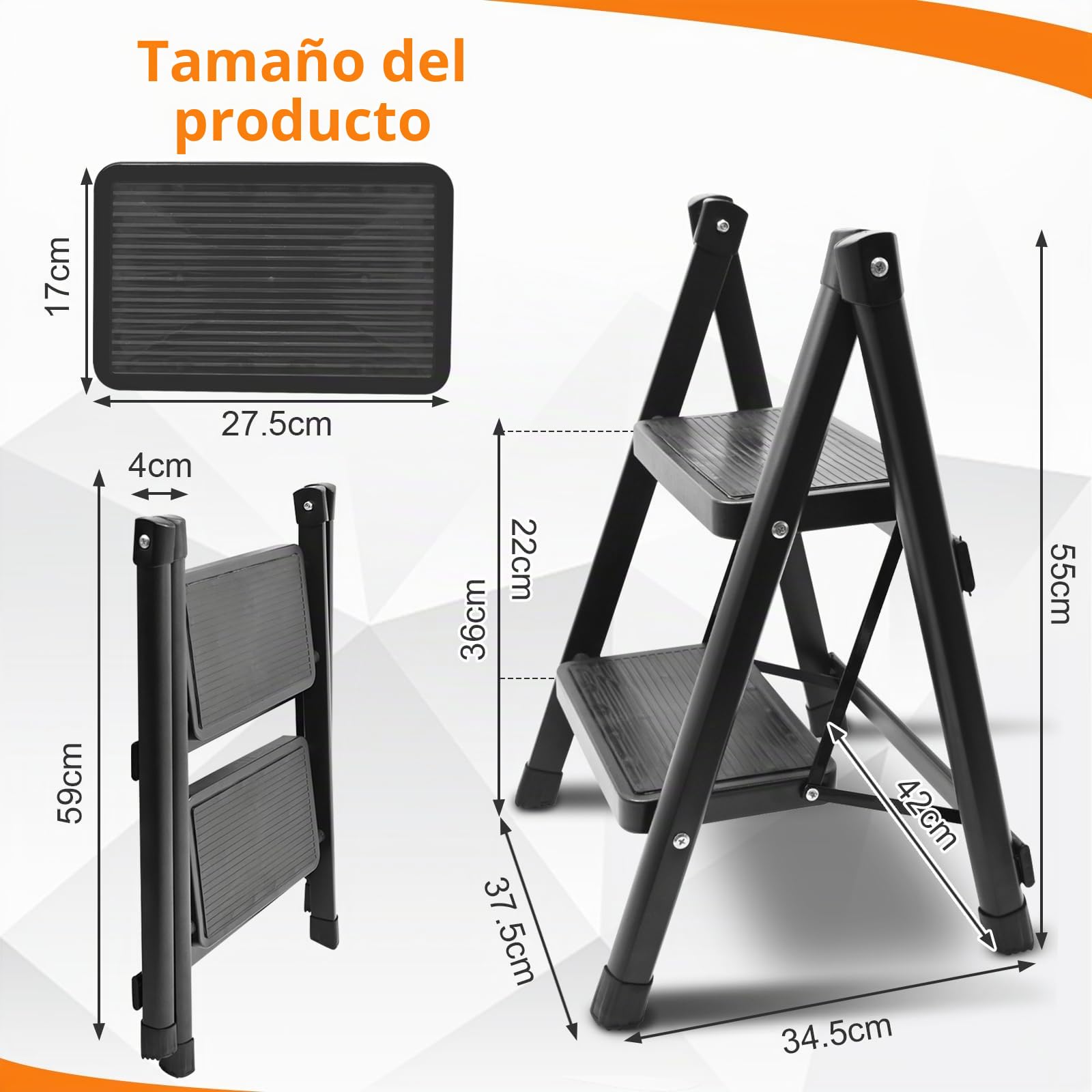 Escalera Plegable 2 Peldaños, Escalera Portátil con Pedales Anchos y Patas Antideslizantes, Escadote Ligera Pequeña para Hogar, Cocina, Interiores, Exteriores, Negro