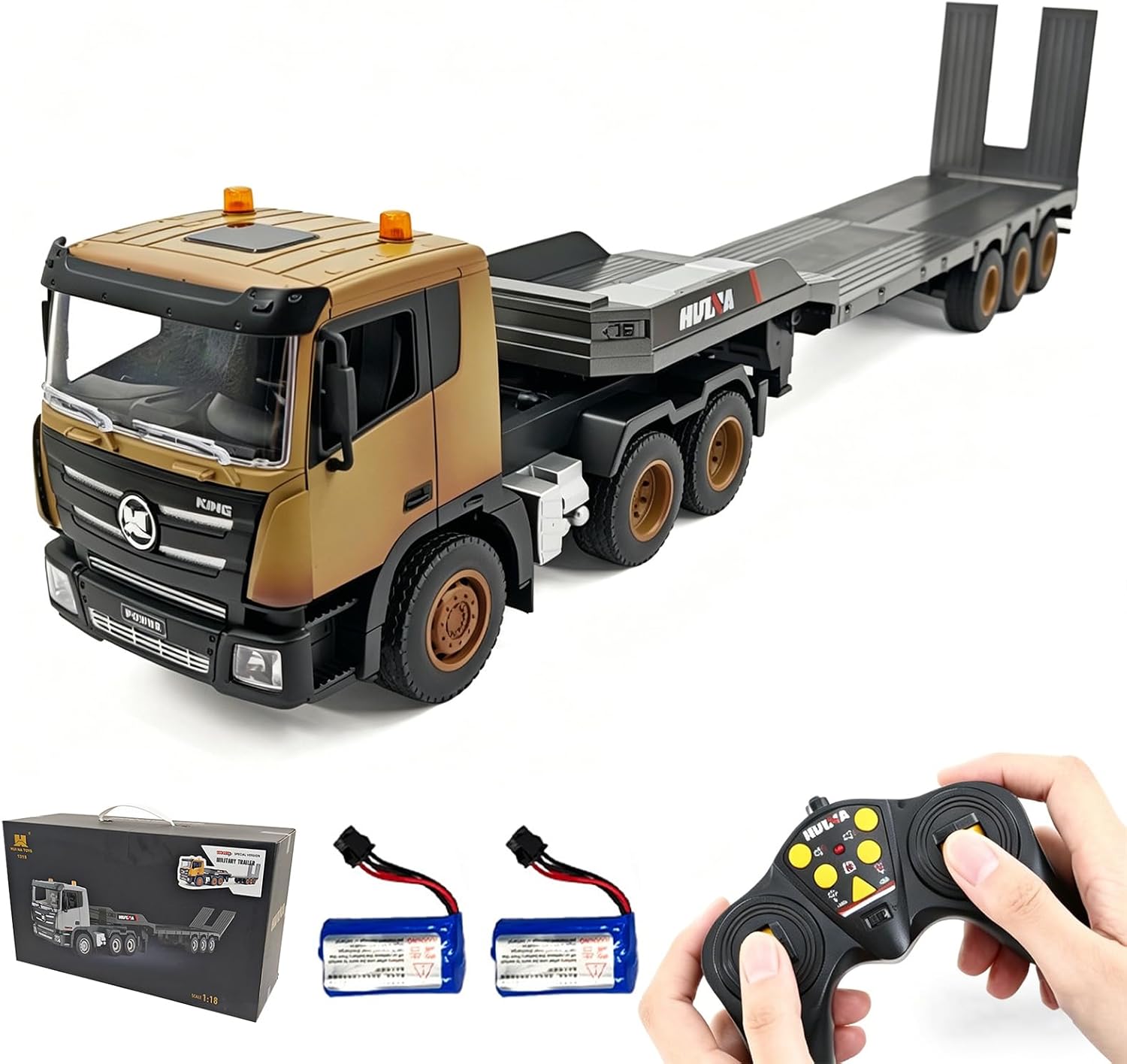 1/18 Scale RC Semi Truck, 9 Channel Remote Control Flatbed Truck & Excavator Toy Set, 2.4Ghz RC Semi Construction Vehicle with Detachable Trailer