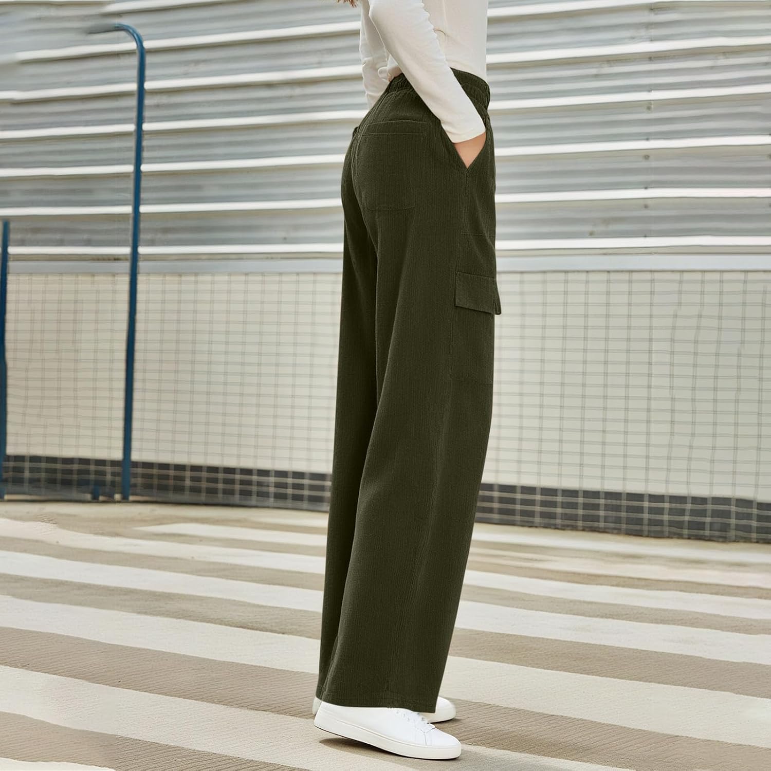Corduroy Wide Leg Pants for Women Casual Fall Drawstring High Waist Stretchy Loose Cargo Trousers with Pockets