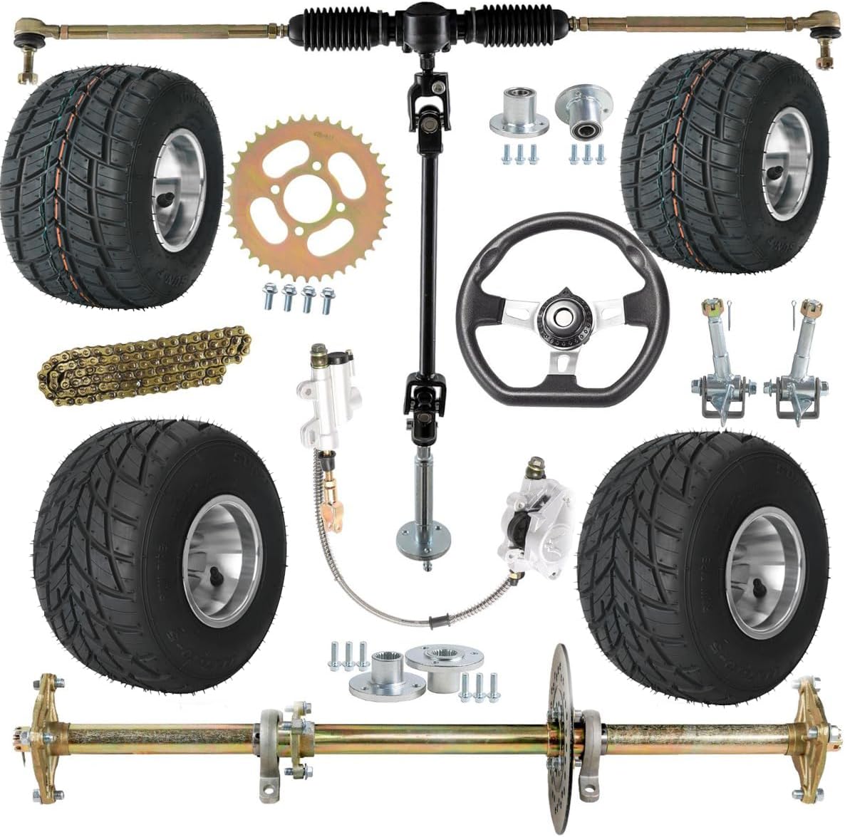 32" Racing Go Kart Rear Axle Kit 5" Wheels Rain Tires Front Steering Assembly Brake 428 Sprocket for DIY Part ATV Quad Go Cart Drift Trike Karting Buggy Golf Cart