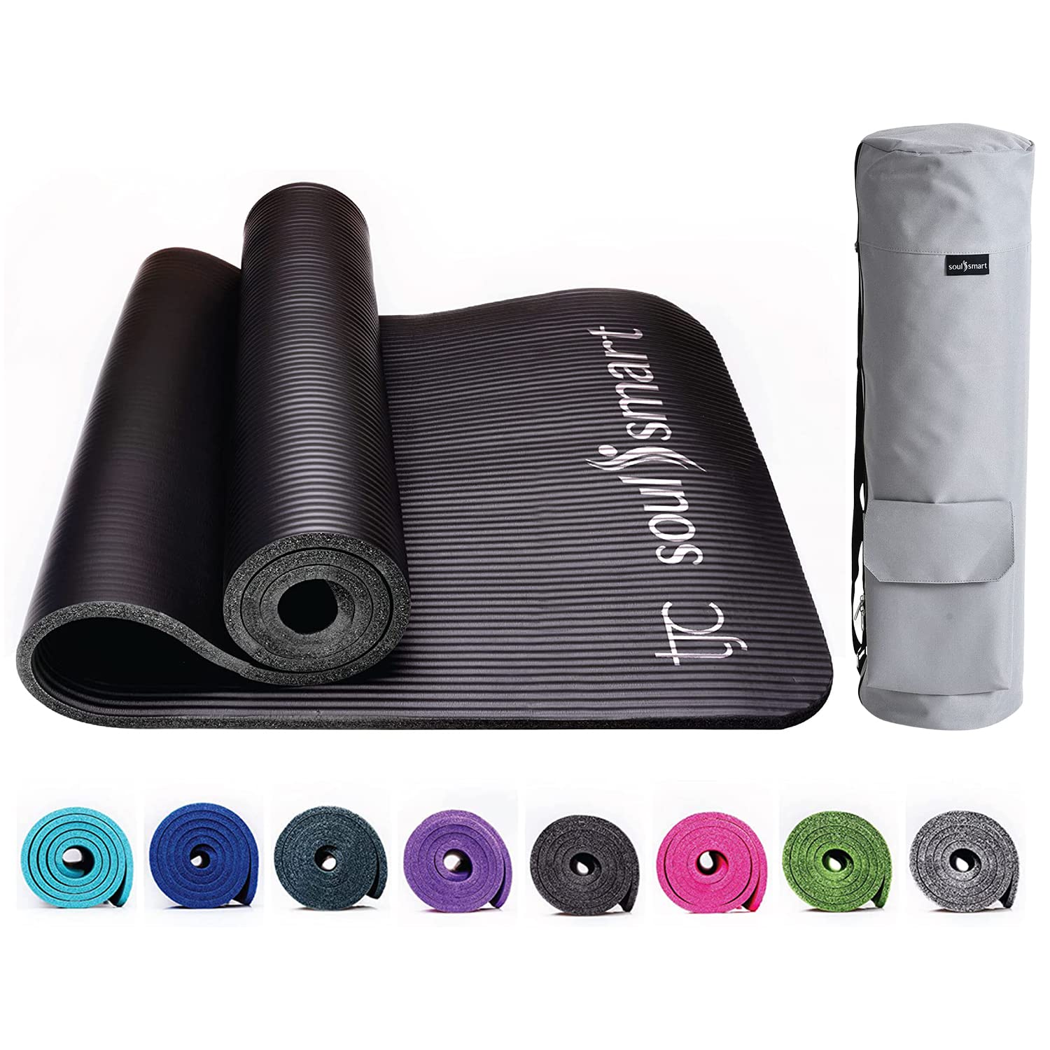 SoulSmart Large Black Yoga Mat & Grey Bag for Men Women Belt Carry Bag Smooth Zipper Adjustable Strap Functional Storage Towel Mobile Phone Pockets