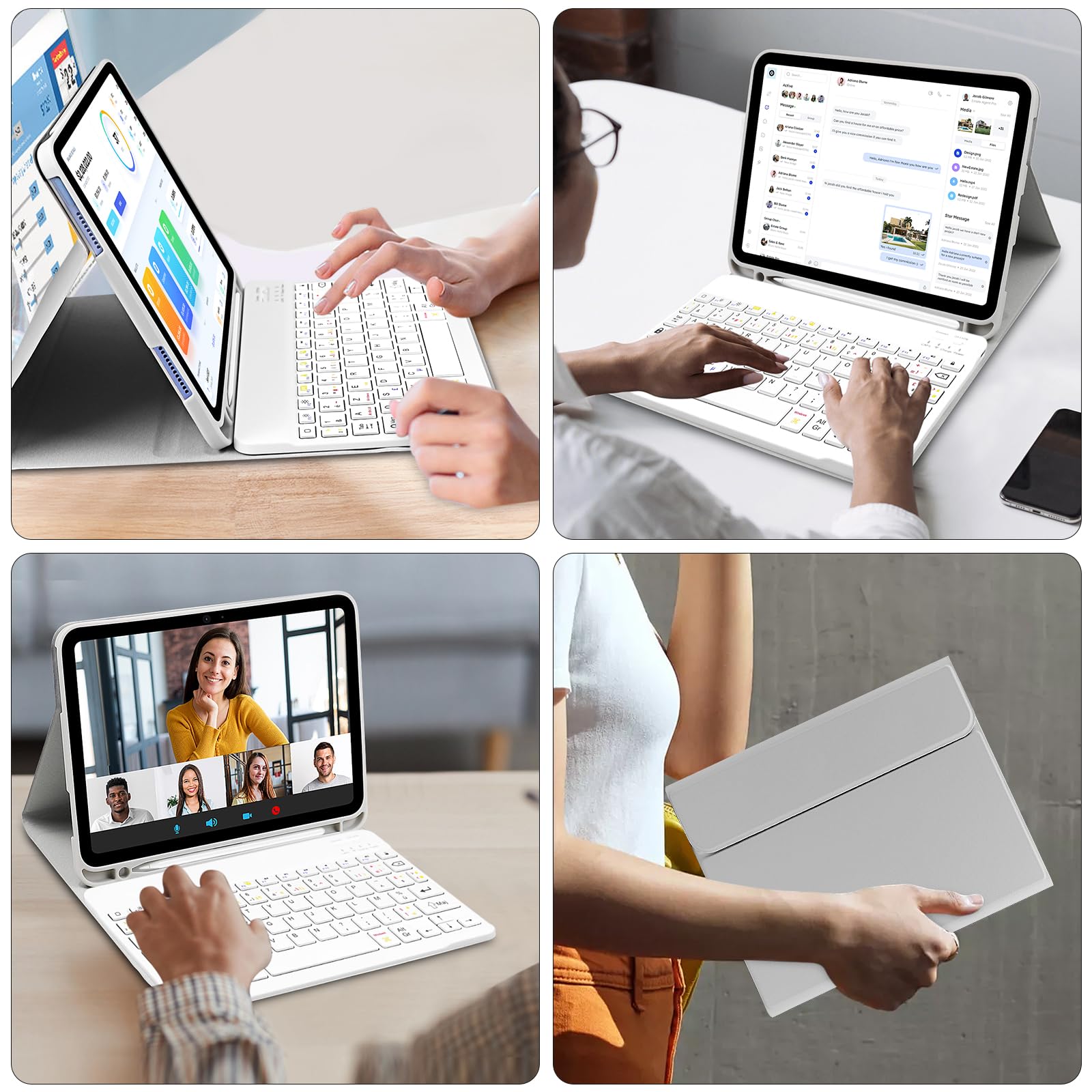 Coque Clavier pour iPad A16 11/10 Ème Generation (10.9 Pouces 2022/11 Pouces A16 2025), Housse iPad 11 Bluetooth Détachable sans Fil avec Porte-Stylo, AZERTY Layout (Gris Blanc)