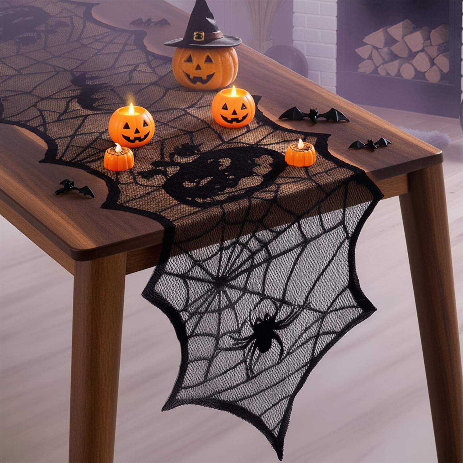Halloween Table Runner, 72" x 18" Black Lace Spiderweb Table Decoration for Halloween Party, Gothic Dining Room, Indoor Spooky Decor