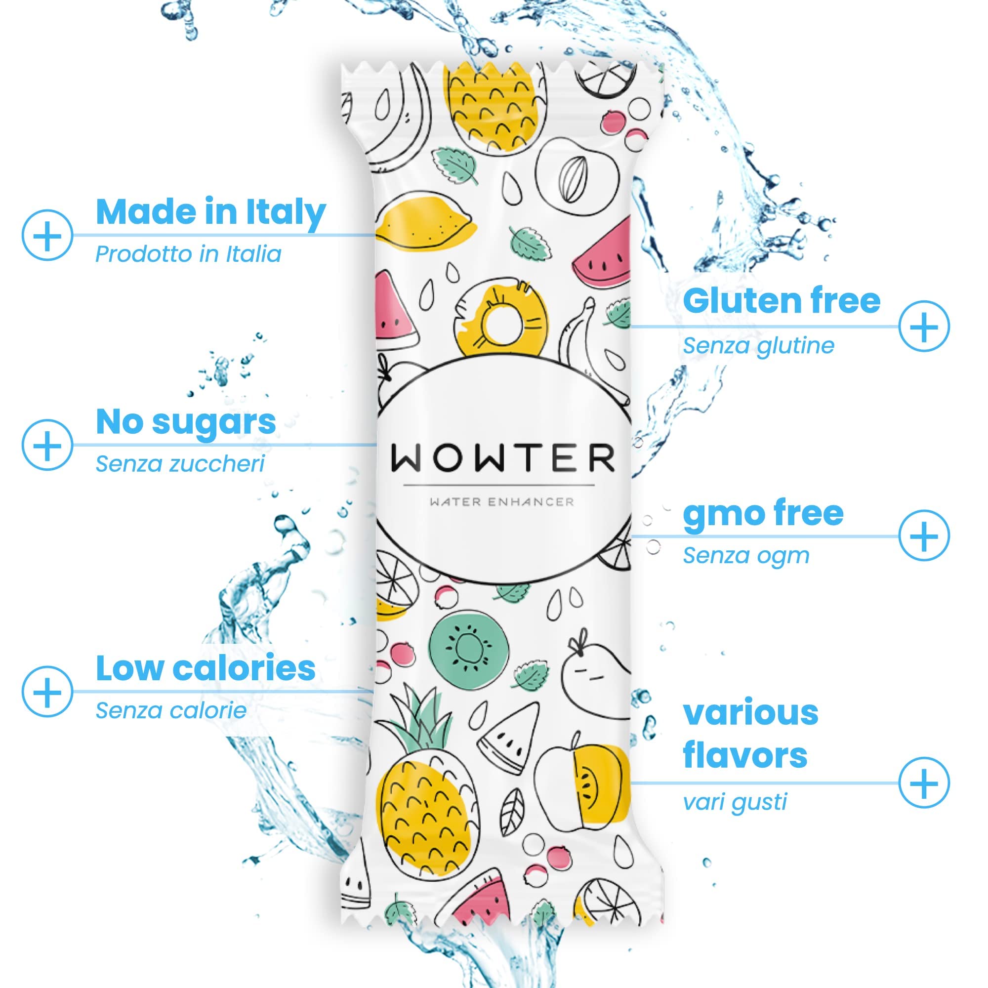 WOWTER by AMZ BETTER, Bebida Instantánea, Surtido de 12 Gustos Mezcla de Frutas, Para Aromatizar el Agua, Sin Calorías, Libre de OMG, Sin Gluten, Sin Azúcares, Made in Italy, 48