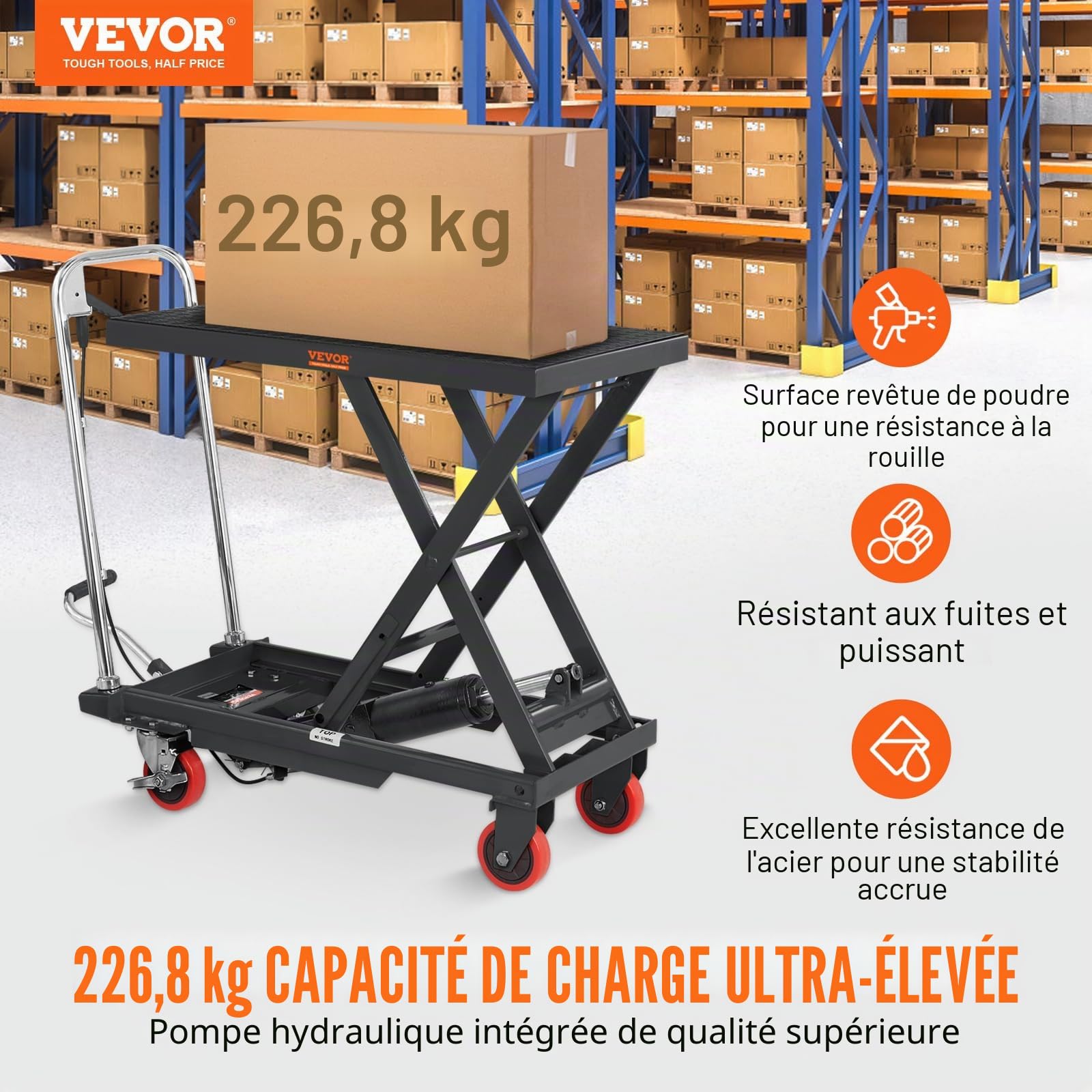 VEVOR Chariot à Table Élévatrice Hydraulique Charge 230 kg Chariot Élévateur Manuel à Ciseaux Simples Hauteur de Levage 720 mm 4 Roues Coussin Antidérapant pour Manutention Transport Matériaux, Noir