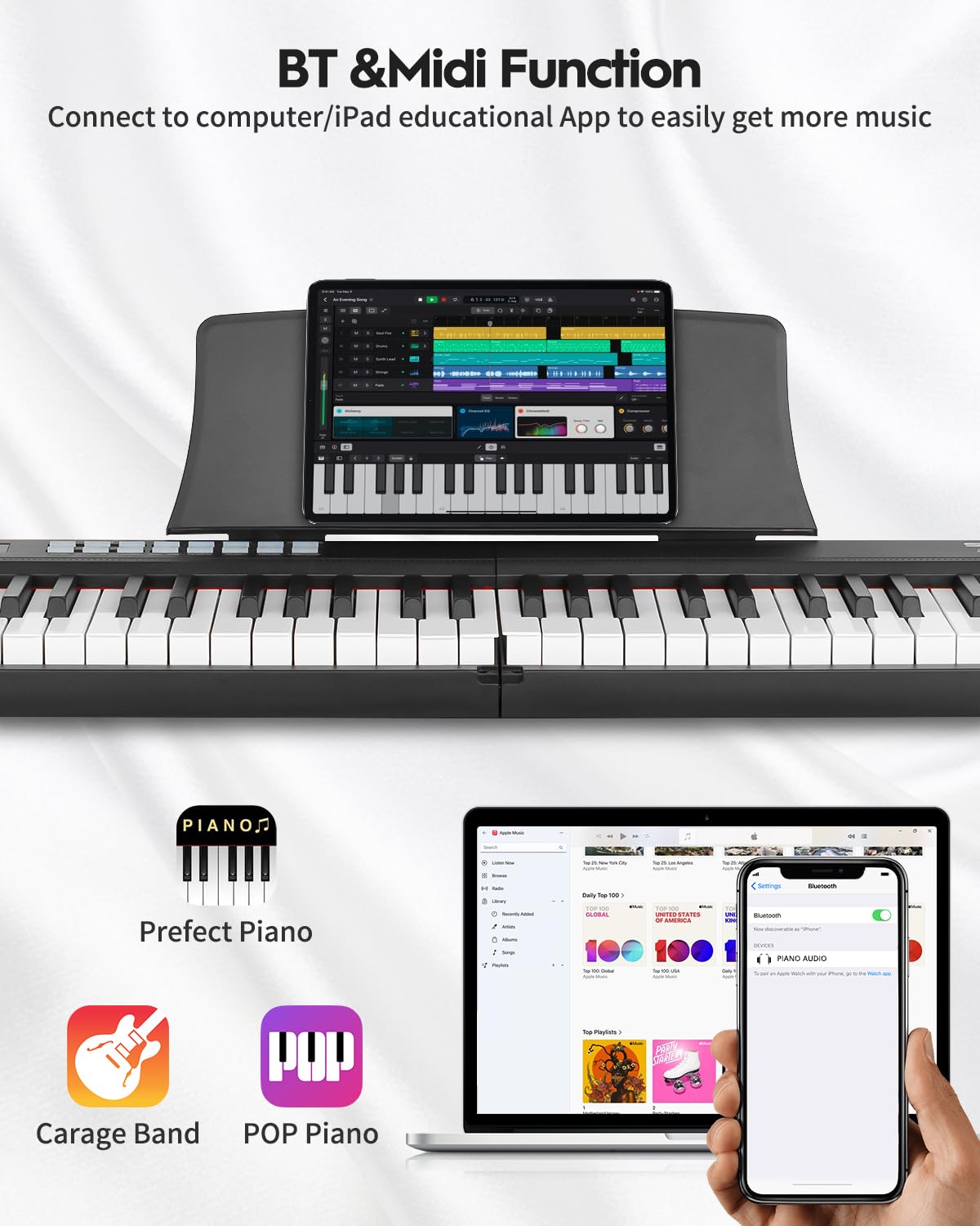STRICH Digitalpiano 88 Tasten, faltbares E-Piano mit halbgewichteter Tastatur, tragbares Keyboard für Anfänger inkl. Sustainpedal, Kopfhörer und Notenhalter, SEP-88F