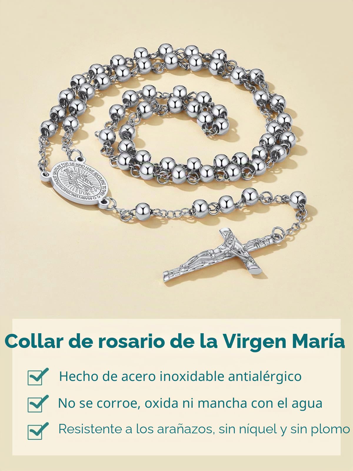 Supcare Collar Rosario Católico Hombre Mujer Collar Cristiano Acero Inoxidable 316L con Medallas Virgen María, San Cristóbal y San Miguel, Cadena Rosario para Rezo, Colgar en Coche y Uso Diario