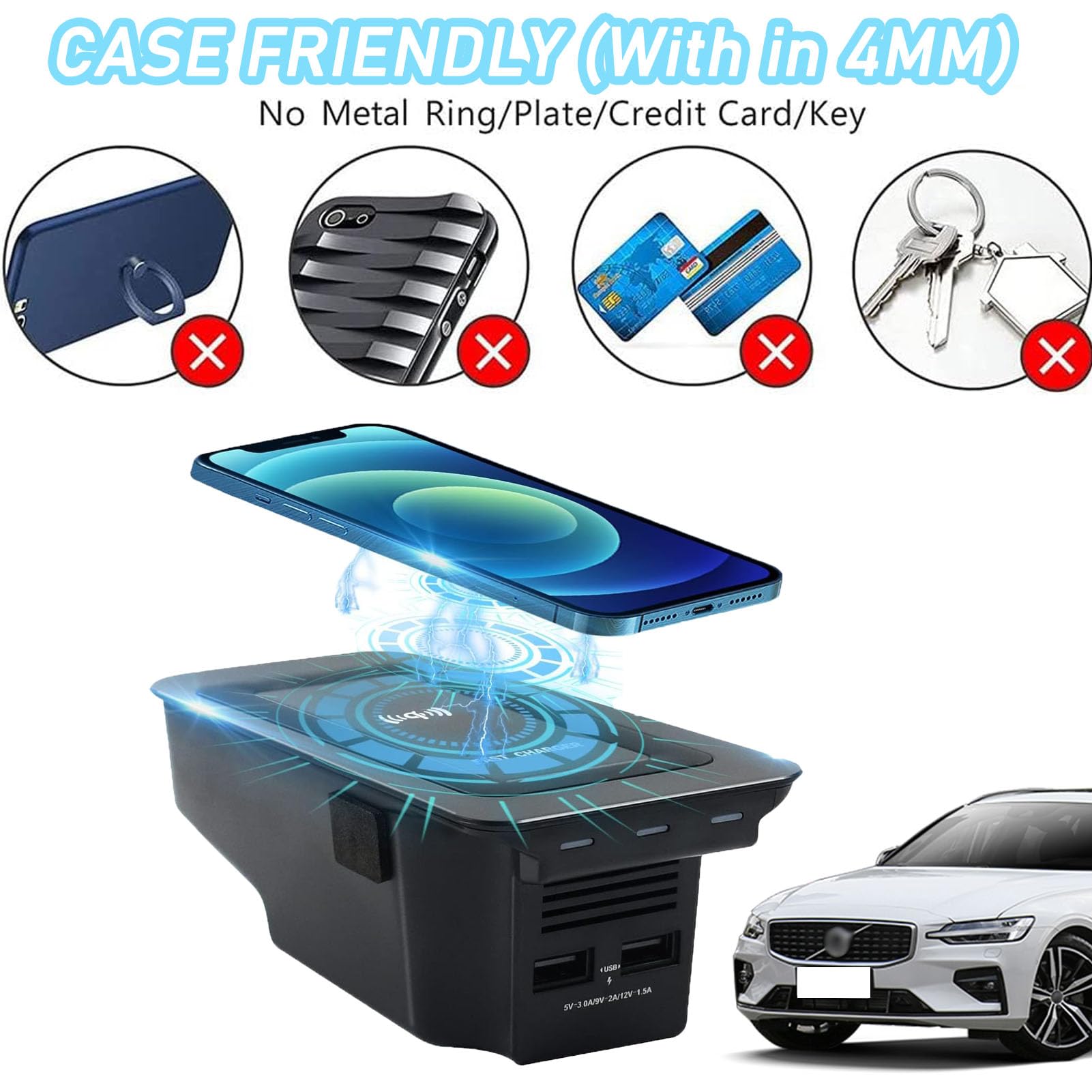 Cenna Caricabatteria per Auto Wireless per Volvo S60 Xc60 V60 S90 V90 Xc90 (2015-2024) Accessorio per Tutti I Modelli con Wireless da 15 W E Doppia USB Qc3.0 Regalo di Ricarica Rapida per La Famiglia