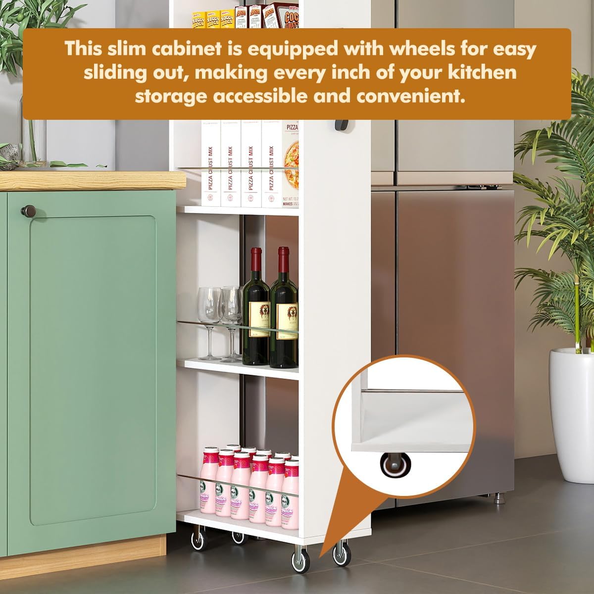 7 Tier Slim Storage Cart with Storage Shelf for Next to Fridge, Rolling Spice Rack with Handle for Small Spaces, Utility Cart with Double-Sided Spice Rack for Kitchen (White)