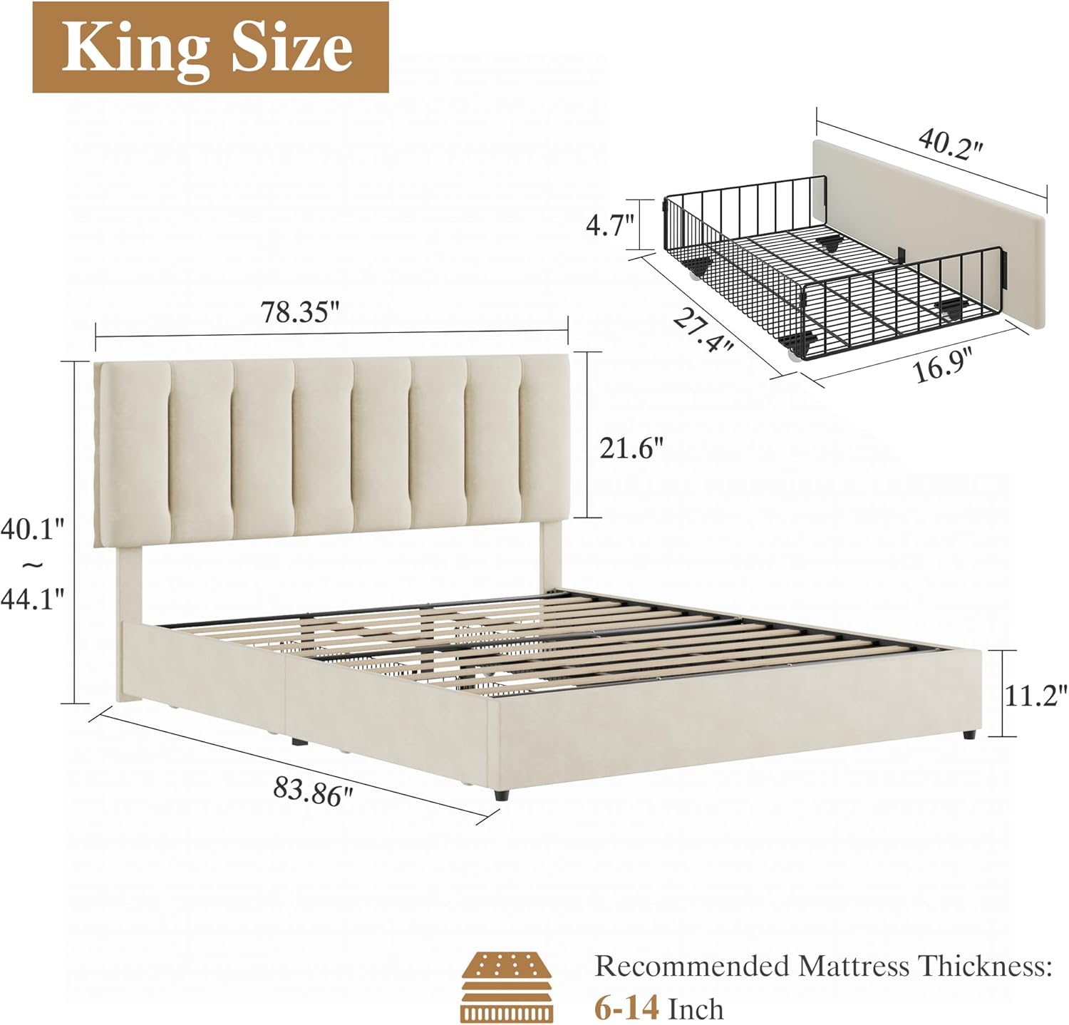VECELO King Size Bed Frame with 4 Storage Drawers, Adjustable Height Headboard, Heavy-Duty Bedframe with Strong Wooden Slats, No Box Spring Needed, Pale Beige
