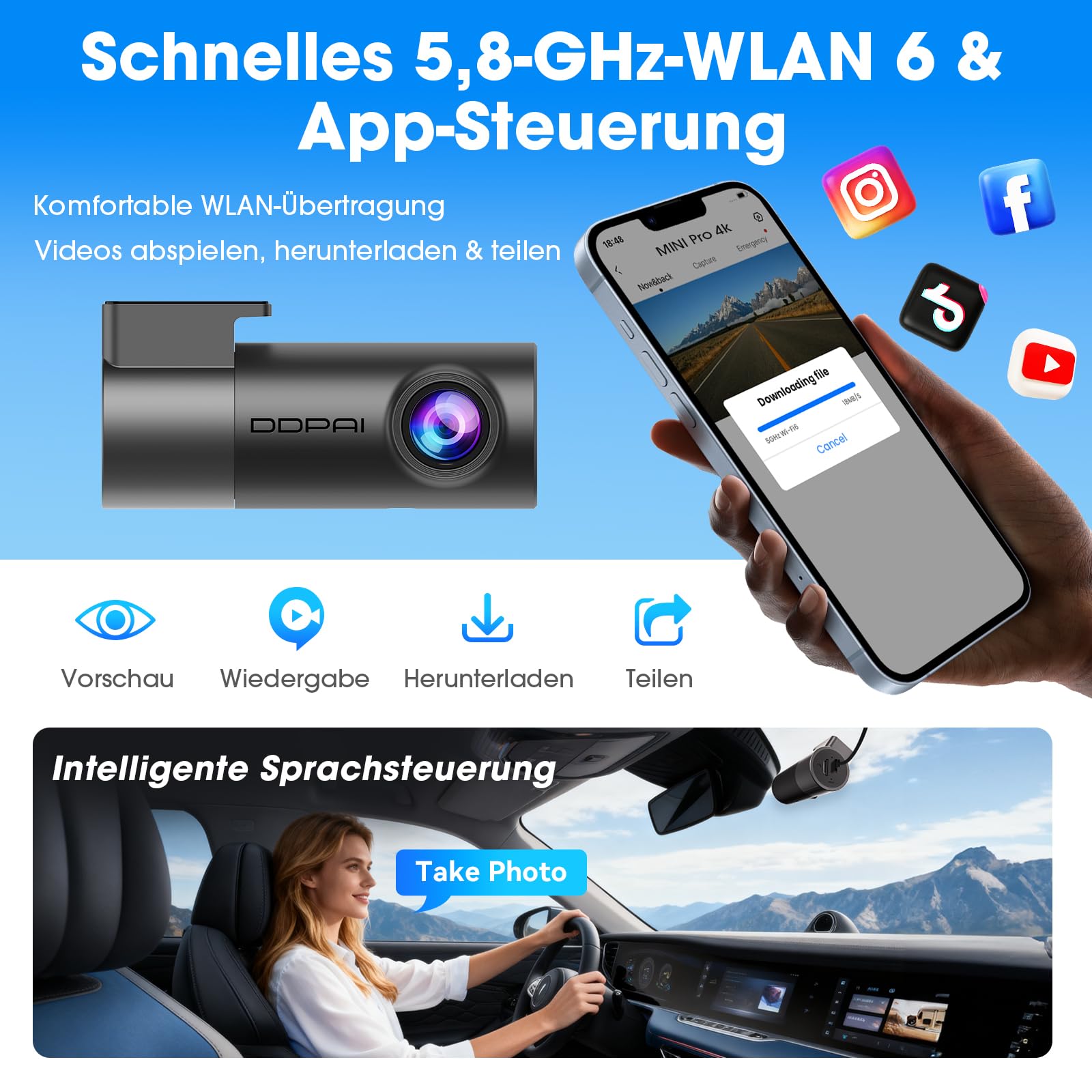 DDPAI MINI Pro 4K Dashcam Auto, 2160P Frontkamera, 360° Drehbar, 64GB-Karte-Inklusive, Night Vision 24H Parking Monitor, 5.8G WiFi 6, G-Sensor, Loop-Aufnahme, App-Steuerung, Superkondensator