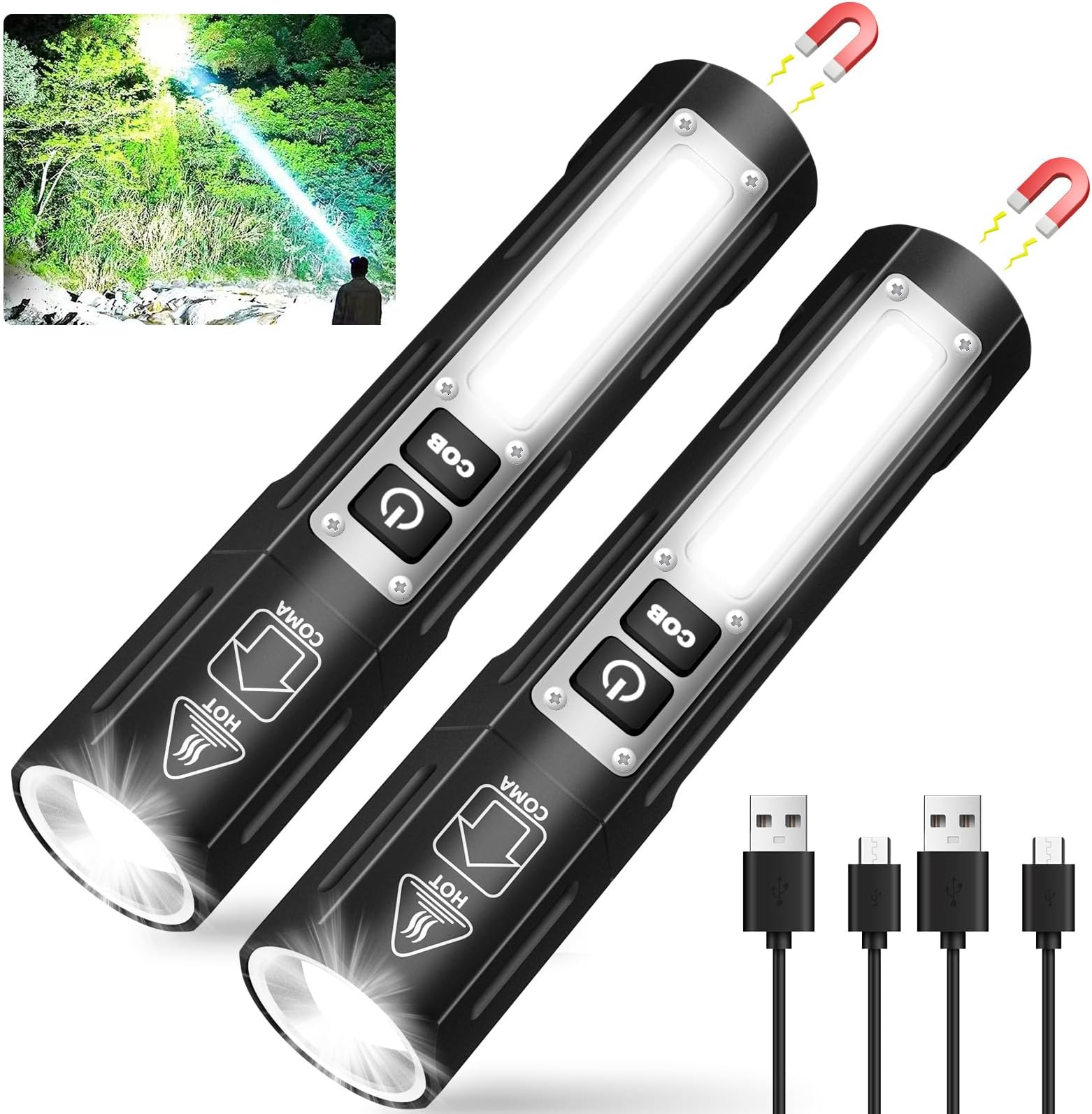 Small LED Rechargeable Magnetic Flashlights 20000 High Lumens - Super Bright Long Beam Pocket Powerful Flashlight 8 Modes with COB Work Light, Dual Button Tactical Flashlight for Camping Emergency
