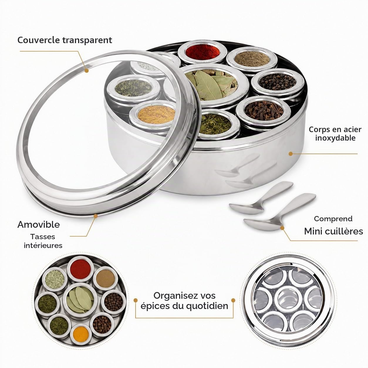 Masala Dabba Boîte à épices indienne Couvercle transpertant 9 compartiments avec couvercles individuels en acier inoxydable de qualité alimentaire avec 2 cuillères de service (22 cm, couvercle