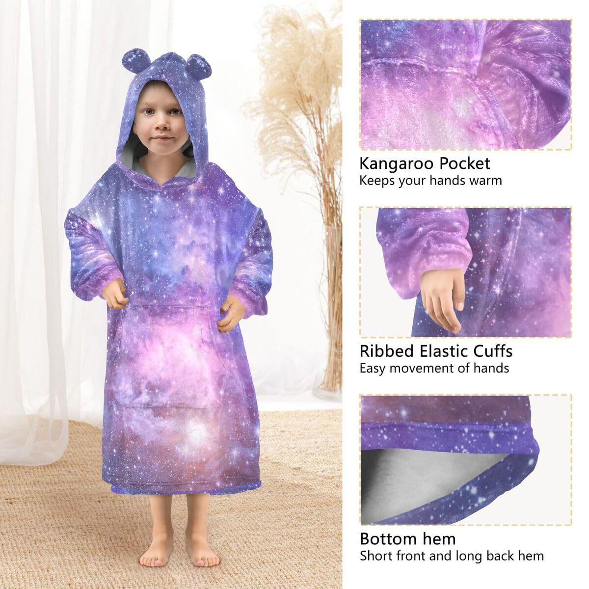 Galaxy Planets Stars Dziecięcy koc do noszenia z kapturem, oversize, bluza, koc, fioletowy, mgławica, dla chłopców i dziewcząt w wieku 3-14 lat