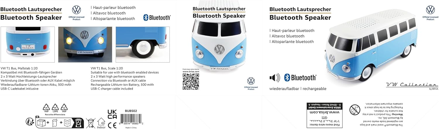 Samping view of the BRISA VW T1 Bus Bluetooth Speaker with dimensions labeled.