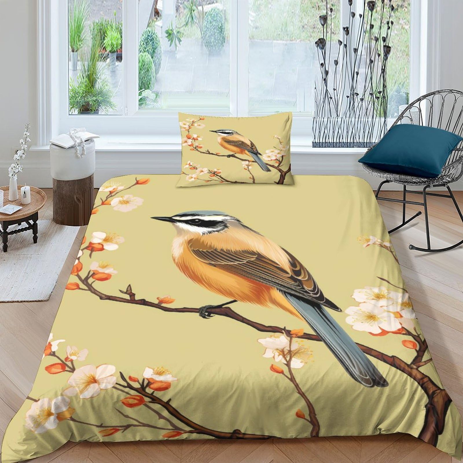 Parure de lit microfibre anti-transpiration housse de couette single motif oiseaux 135x200