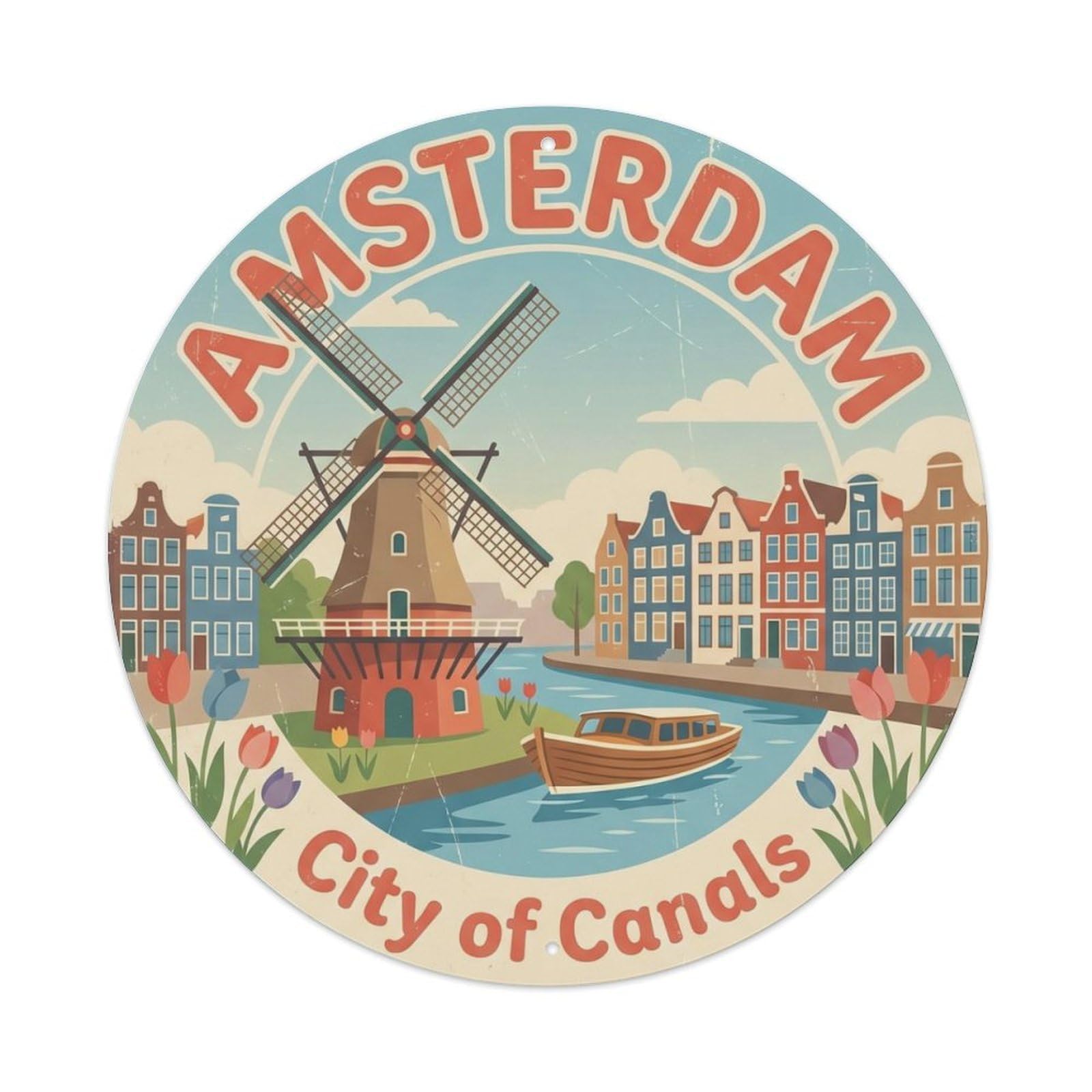 Vintage Travel Amsterdam Windmill Canal Metal Tin Sign