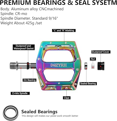 Miniatura 6 de MZYRH Pedales de bicicleta de carreteramontaña, pedales MTB de aleación de aluminio, pedales de bicicleta de 916 pulgadas con rodamiento sellado