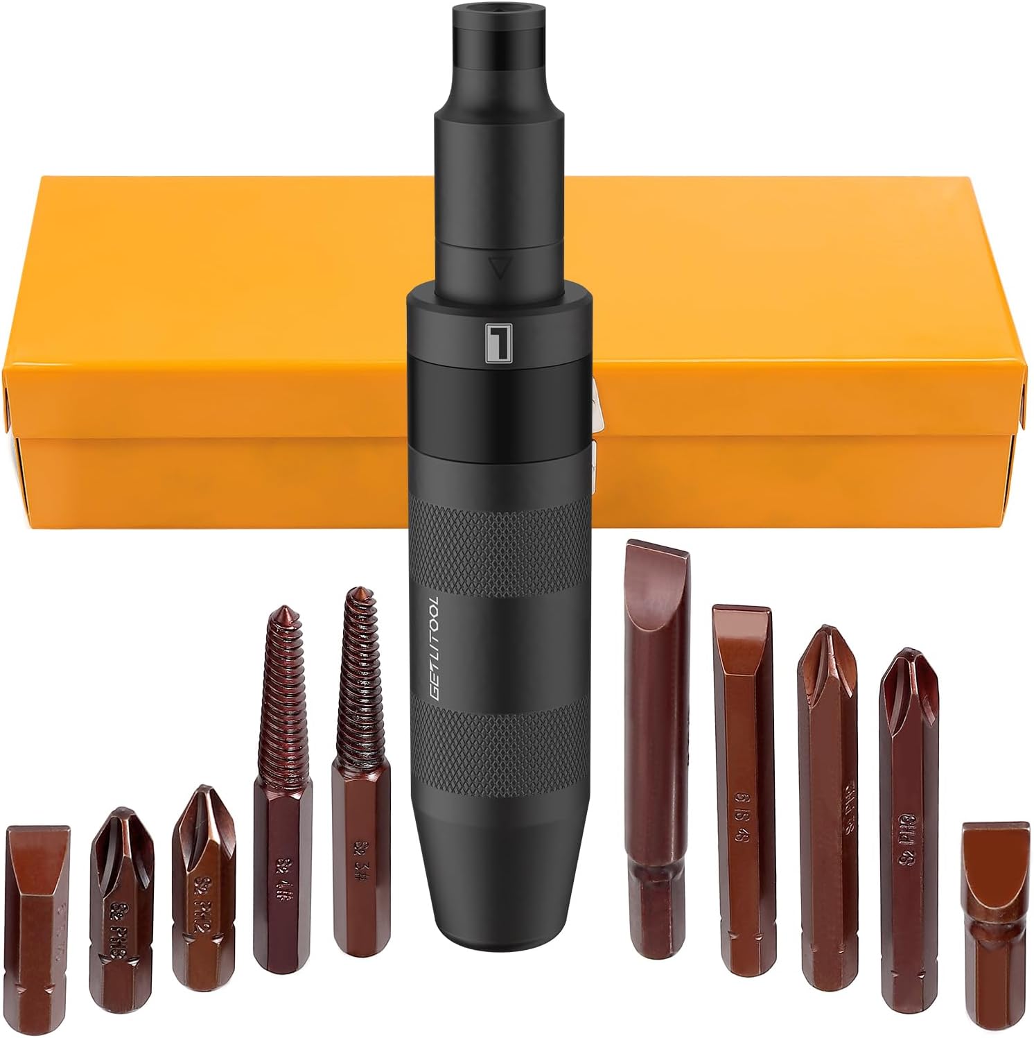 GETLITOOL 12PCS 1/2" Percussion Screwdriver Set, Manual Screwdriver and Adapter, Damaged Screw Extractor, PH2 PH3 SL9 SL10 Bits 35/70 mm, S2 Steel, Portable Case for Car and Workshop